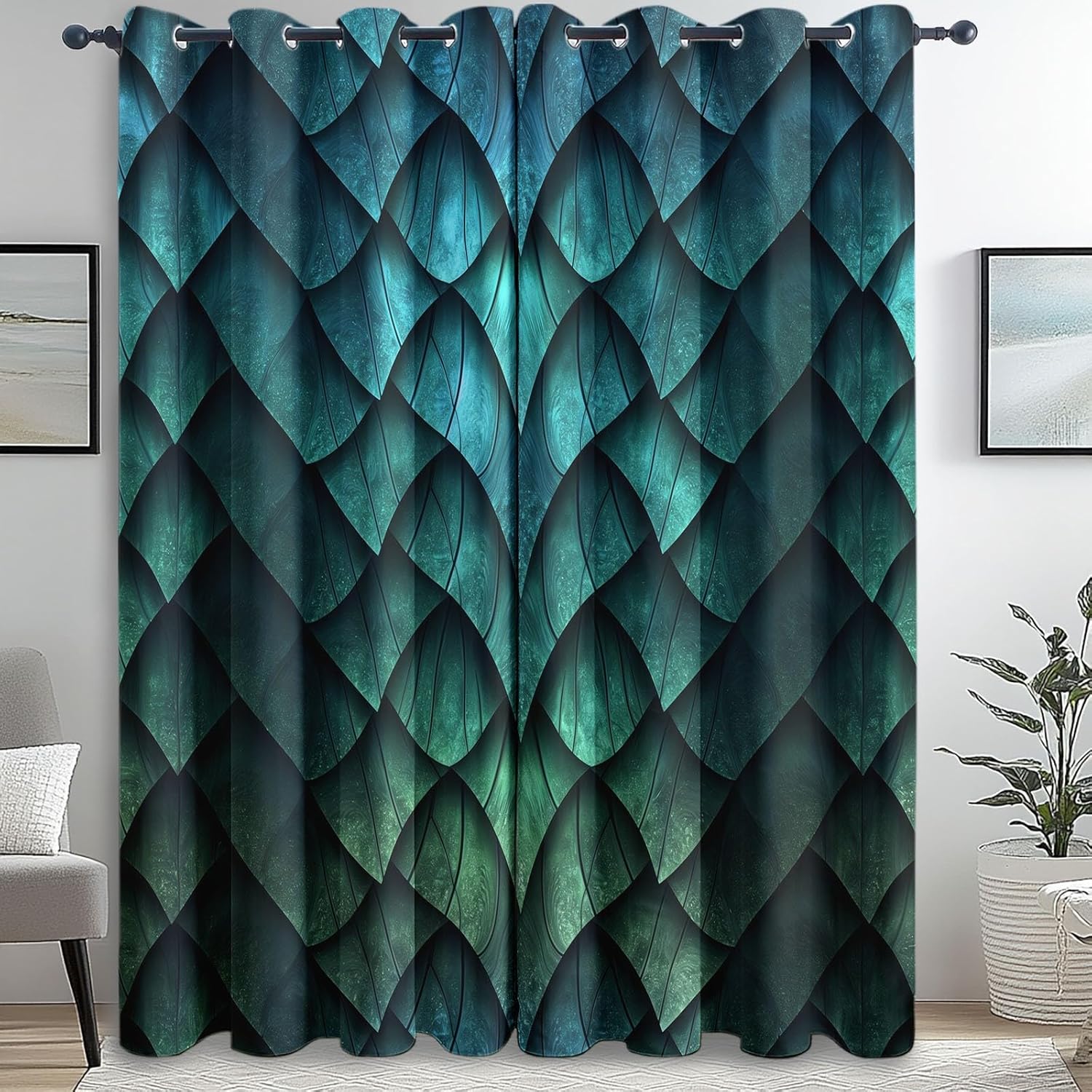 Curtains Blackout for Living Room Fantasy Movie Style Dragon Scales Printed Grommets Window Drapes Dark Green Thermal Insulated Window Treatments Decor for Bedroom Dining Room 42"W x 63"L (Pack of 2)