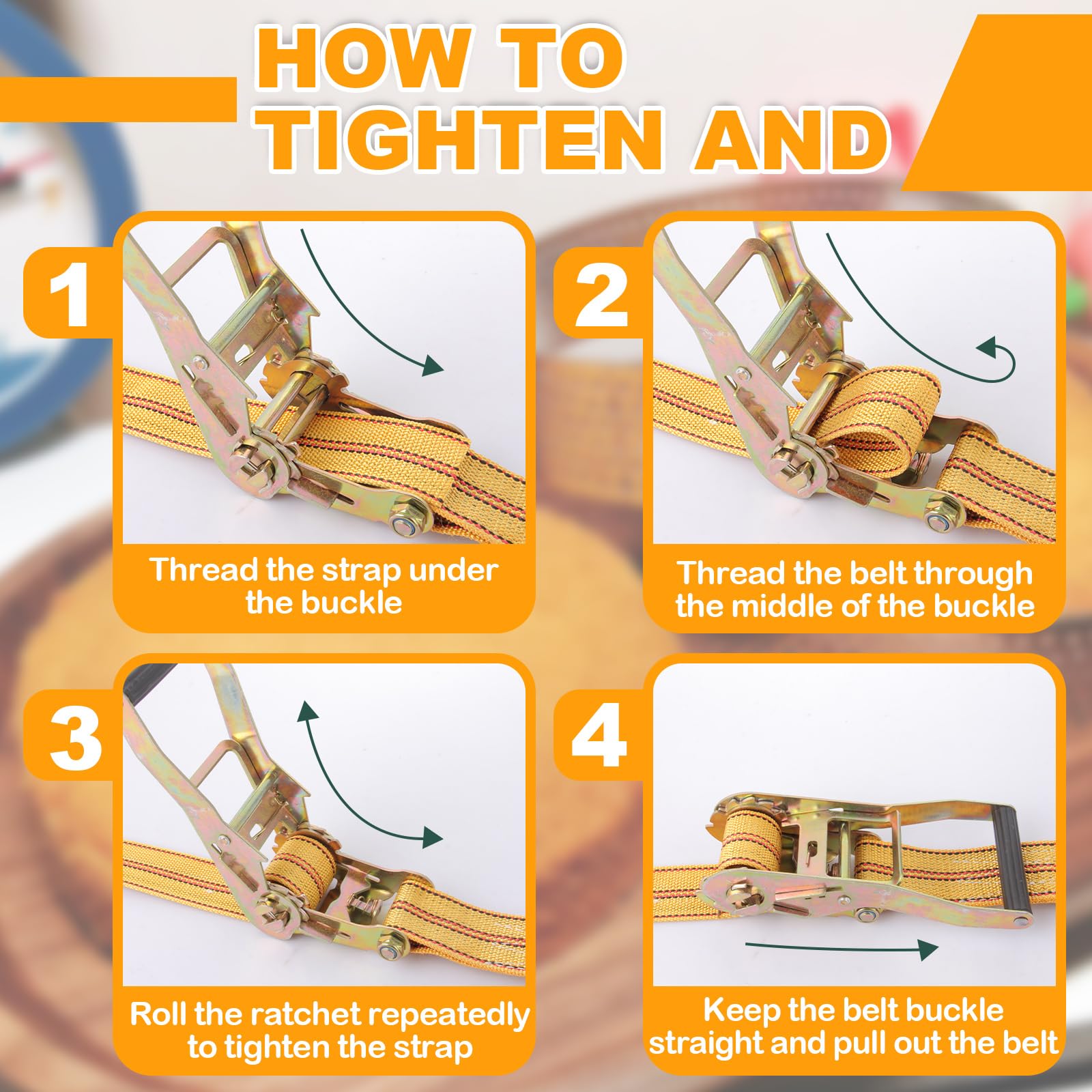 FWEEK 4 Sets Ratchet Tie Down Straps 5cm x 6m, 11000lb Break Strength, Heavy Duty Lashing Strap, Securing Straps with Handle and Metal J Hook for Trucks, Cars, Motorcycles Yellow - Image 4