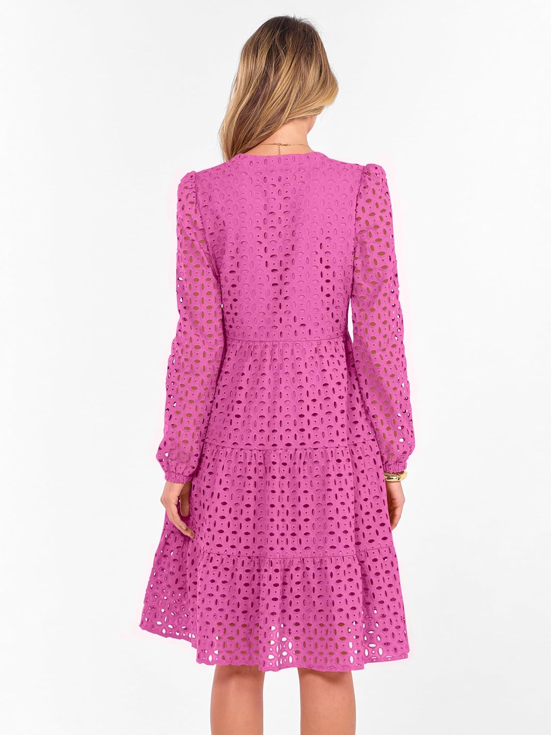 ANRABESS Womens Long Sleeve V Neck Midi Dresses Hollow Out Eyelet Casual Tiered 2025 Fall Beach Vacation Dress with Pockets - Image 4