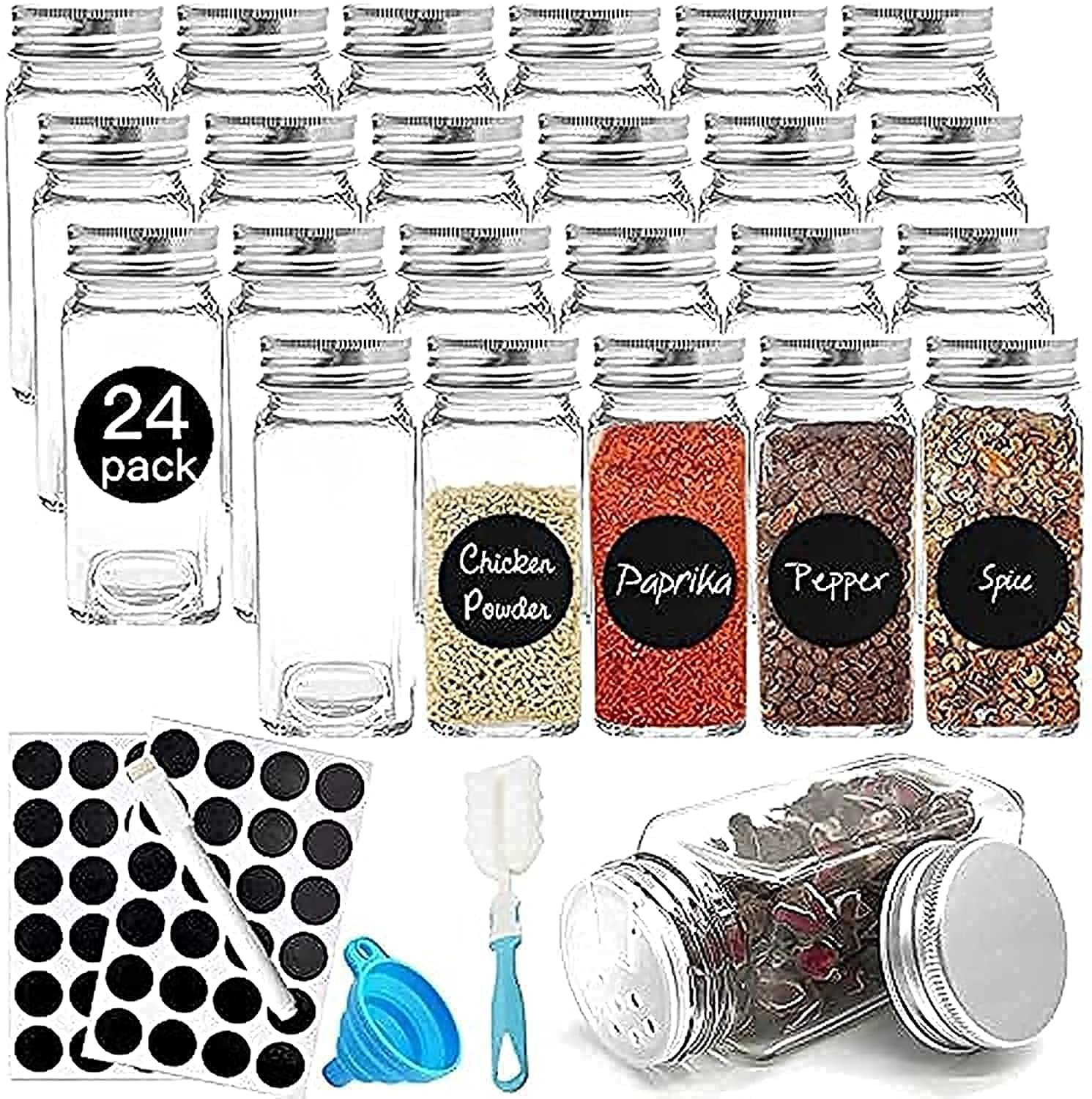 HJB VISSO 24 Pcs Glass Spice Jars/Bottles, 120ml Empty Square Spice Containers with Spice Labels, Shaker Lids and Airtight Metal Caps, Silicone Collapsible Funnel, SpongeBrush,Whiteboard Pen Included