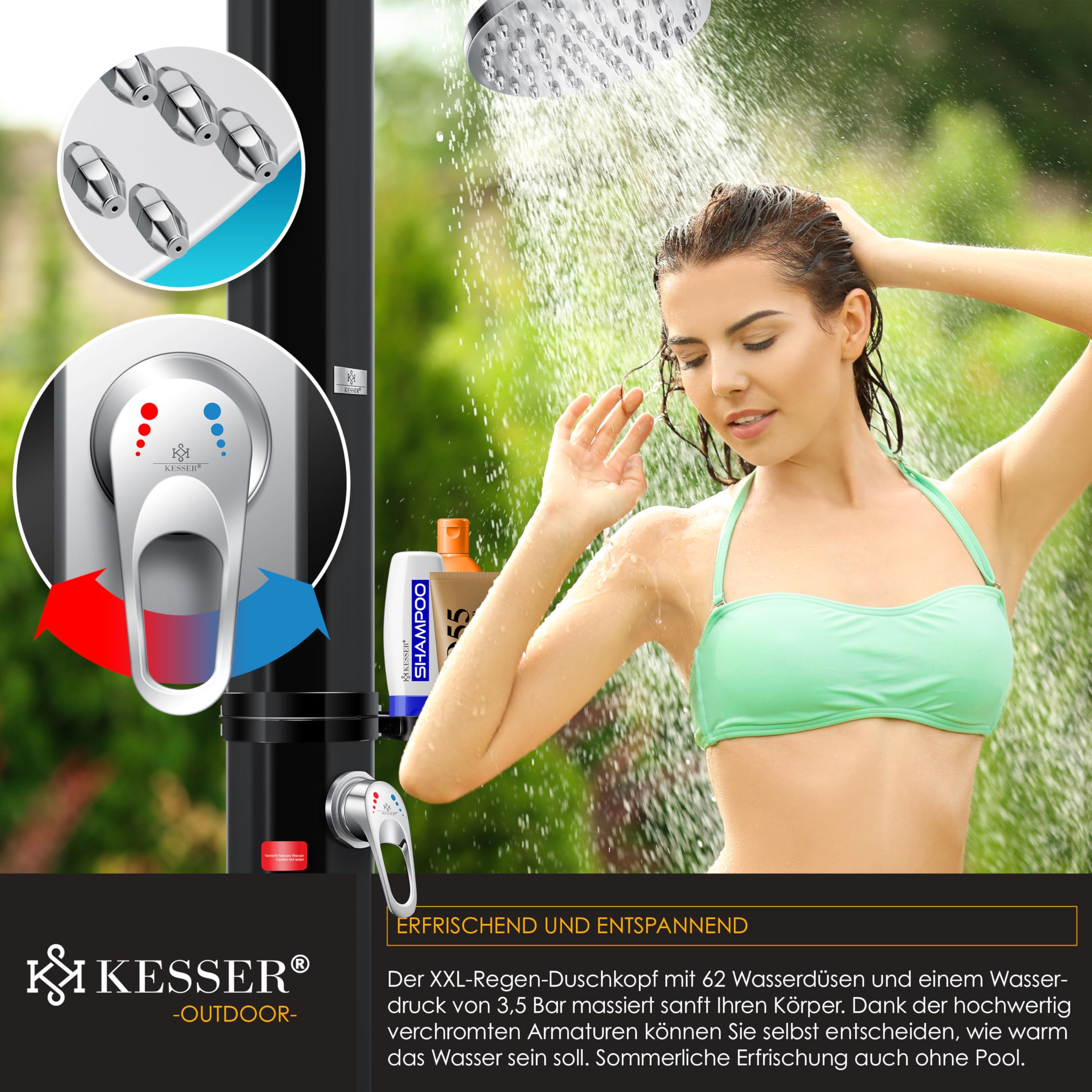 KESSER® Solardusche 60L Gartendusche, Solar Dusche für Garten & Pool mit warmem Wasser, Pooldusche ohne Strom, Regenduschkopf & Wasserhahn mit Gartenschlauch-Anschluss + Ablage, Schutzhaube