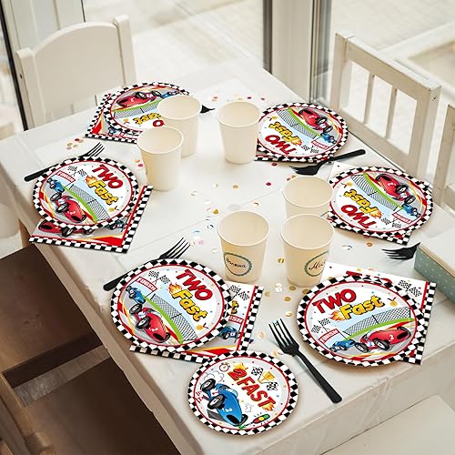 Miniatura 5 de 96 piezas de dos suministros rápidos para fiesta de cumpleaños, juego de platos y servilletas de auto de carreras para niños y niños, pista de