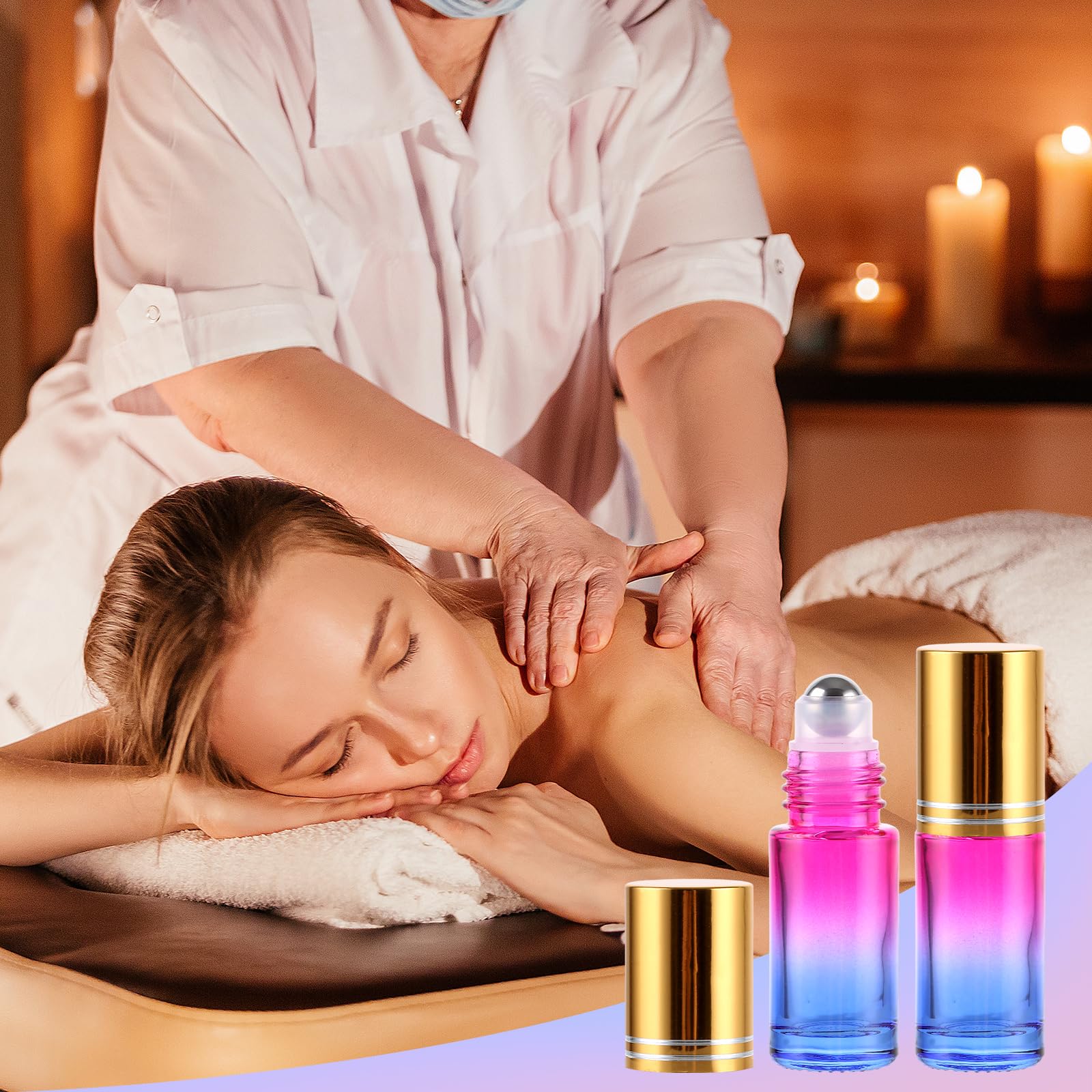 CYEER 25 sztuk butelek Roll On 5 ml, puste butelki z olejkami eterycznymi, zestaw kolorowych butelek na perfumy z kulkami ze stali nierdzewnej i akcesoriami do samodzielnego aromaterapii, torebki i