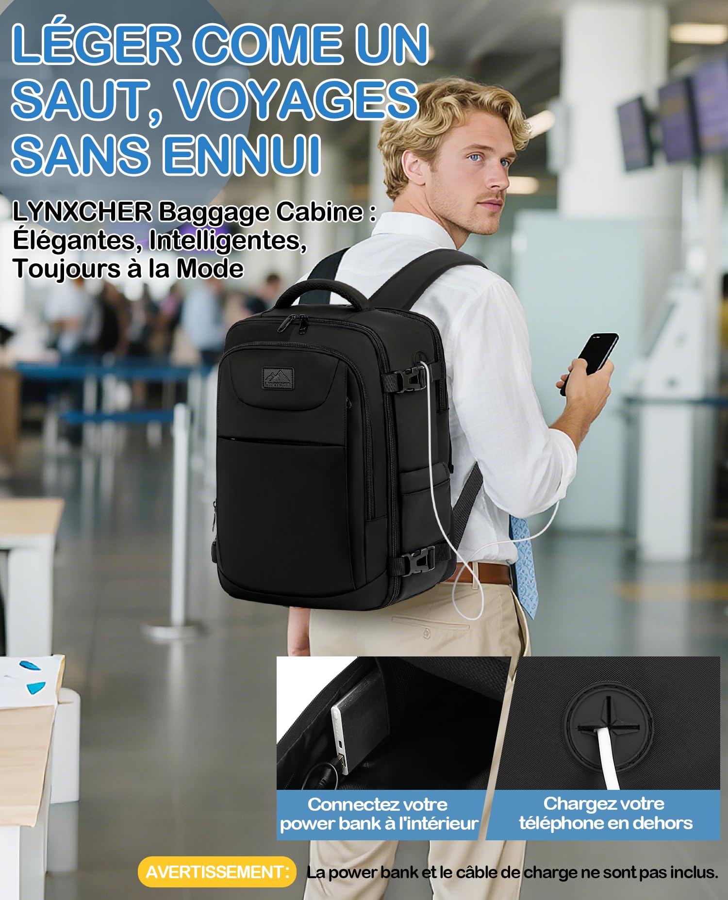 Sac a Dos Voyage Cabine Avion 40x20x25 Bagage Cabine pour Ryanair sous Siège Bagage à Main Petit Sac à Dos 20 L pour Femme Homme Ordinateur Portable 14 Pouces Noir
