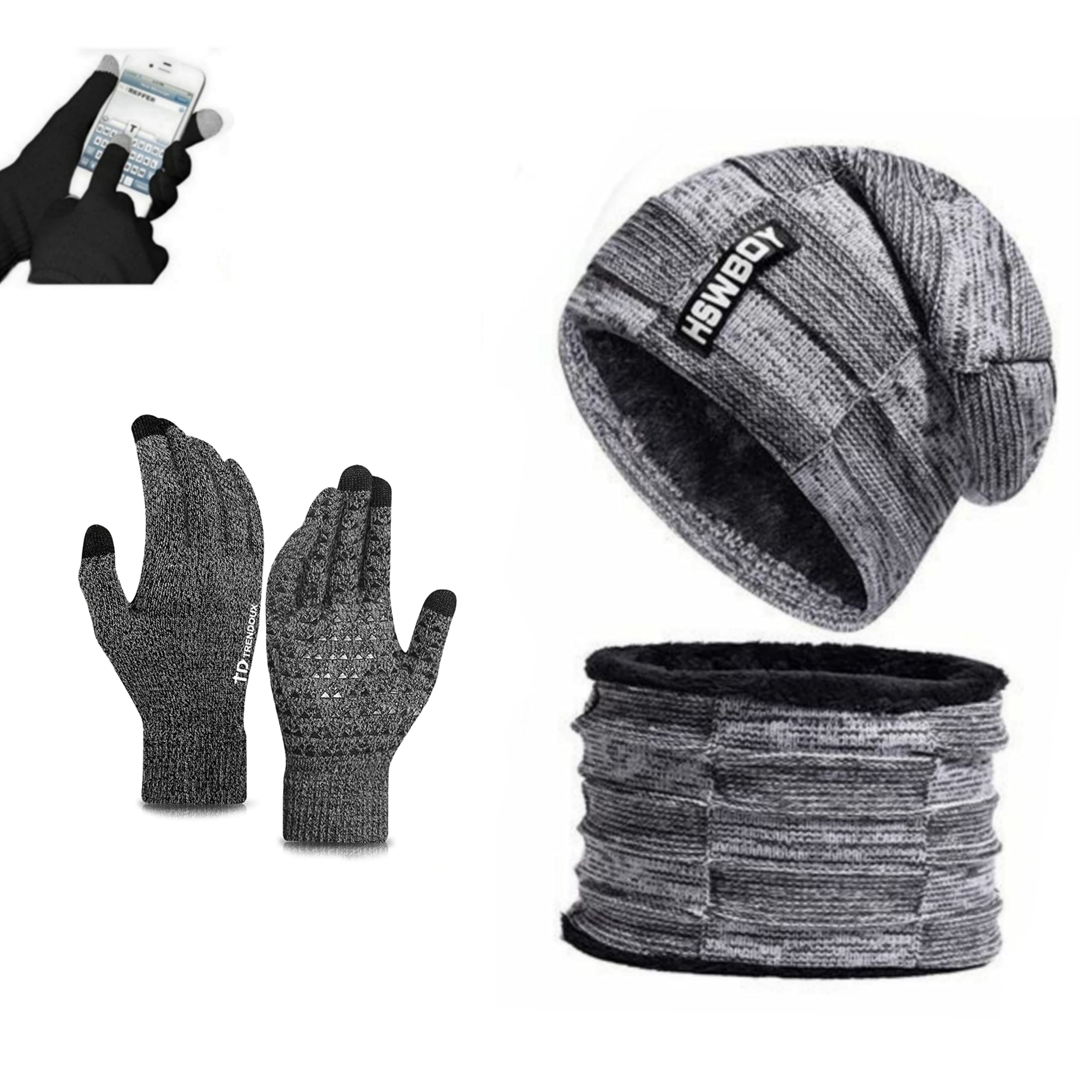 reffer Latest Stylish Winter Woolen Beanie Cap Scarf (Fur Inside) and Touchscreen Gloves Set for Men and Women Stretch Warm Winter Cap-picture-49