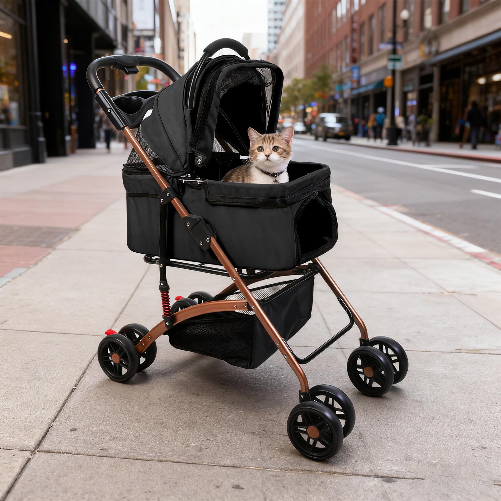 Hundewagen 3 in 1 Faltbarer Hundebuggy, Hundewagen, Kinderwagen für kleine Hunde, Katzen, Abnehmbarer Korb, Tragbarer Kinderwagen, Netzfenster, Oxfordstoff, Bis 20kg (Schwarz)