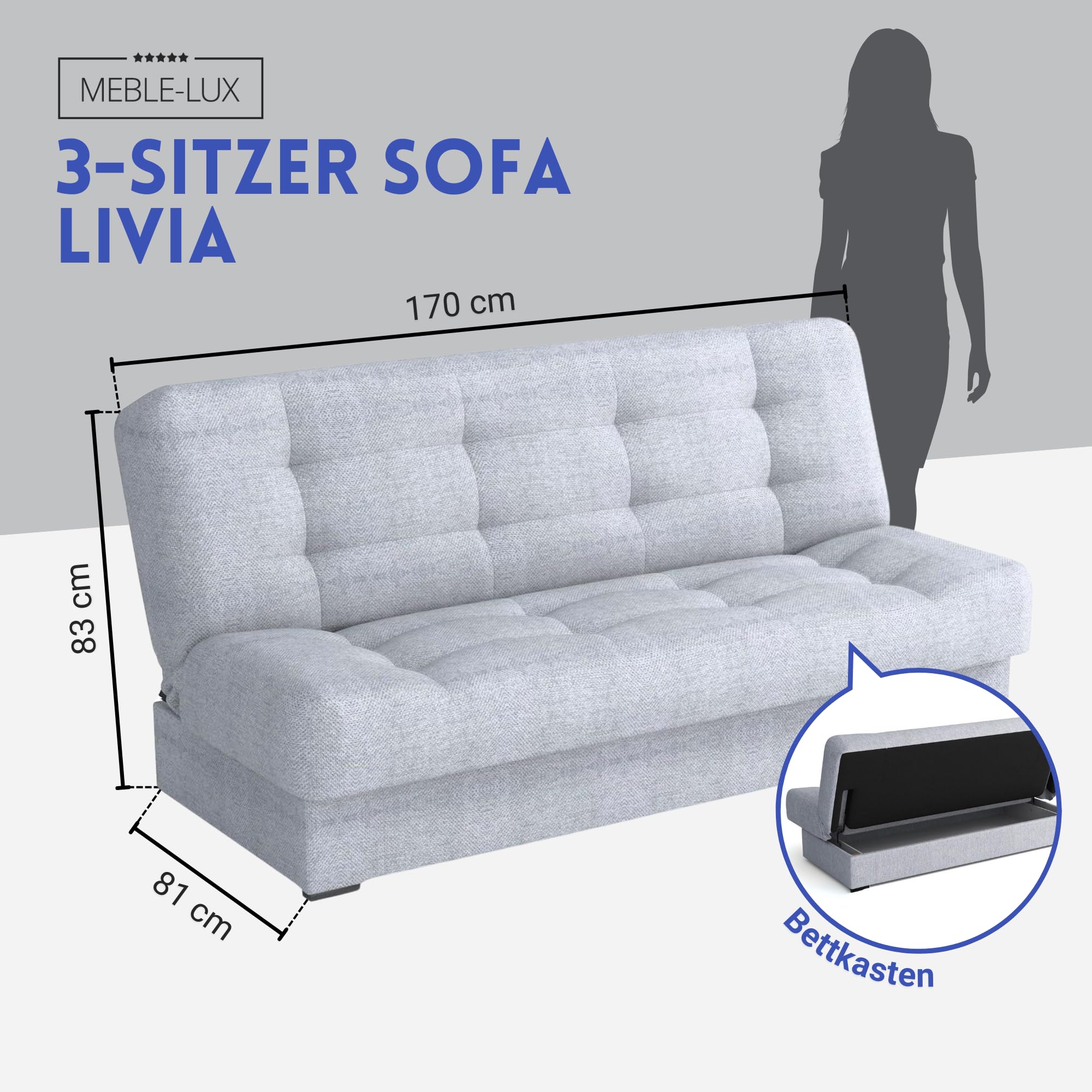 Schlafsofa mit Bettkasten Livia, Schlafcouch 170cm Breit, Sofa mit Schlaffunktion, Federkern, Klappsofa mit Bettfunktion, Zusätzlicher Stauraum, Praktisch und Funktionell, Sofa Grau