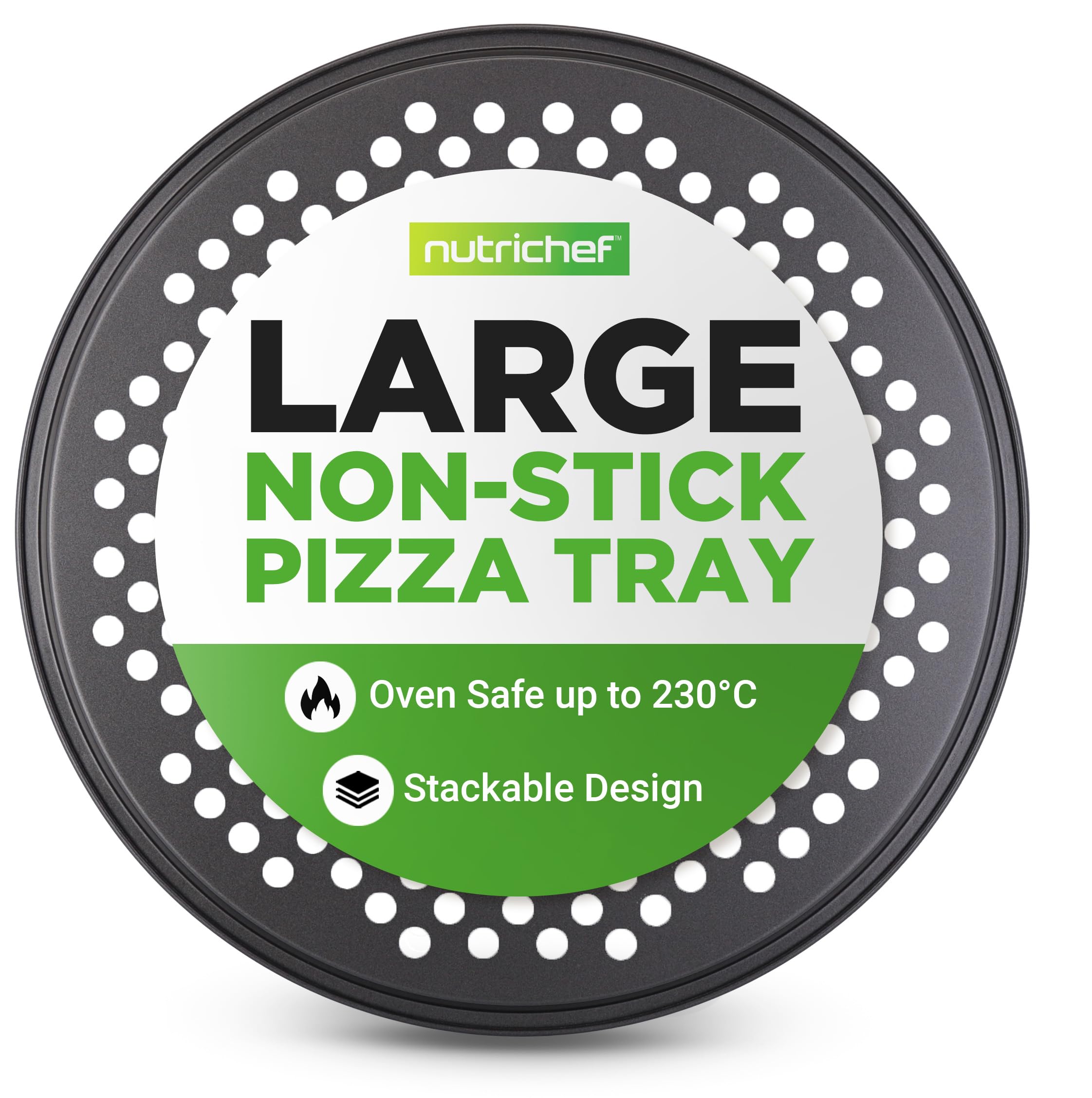 Nutrichef Nonstick Pizza Tray for Oven, 32cm Round Pan Carbon Steel Baking Trays with Holes, Dishwasher Safe Bakeware Sheet - Gray