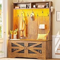 Itaar 5-in-1 Hall Tree with Bench, 10 Shoe Cubbies, 9 Coat Hooks, Adjustable Shelf & RGB LED Lights - Rustic Brown Entryway Storage
