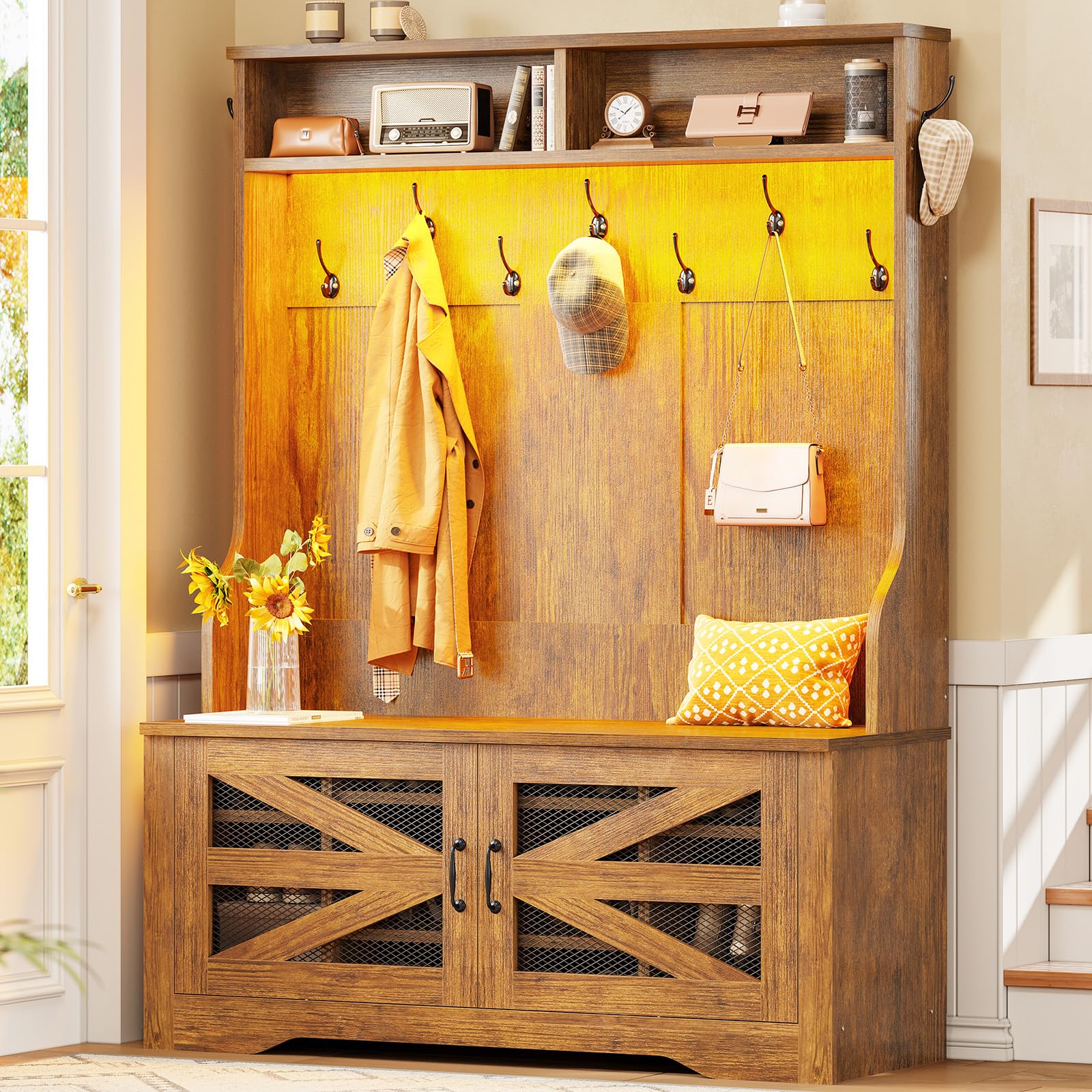 Hall Tree with Bench and Shoe Storage, 5-in-1 Entryway Bench with Coat Rack, 10 Shoe Cubbies & 9 Coat Hooks, Barn Door & Adjustable Shelf (Rustic Brown)