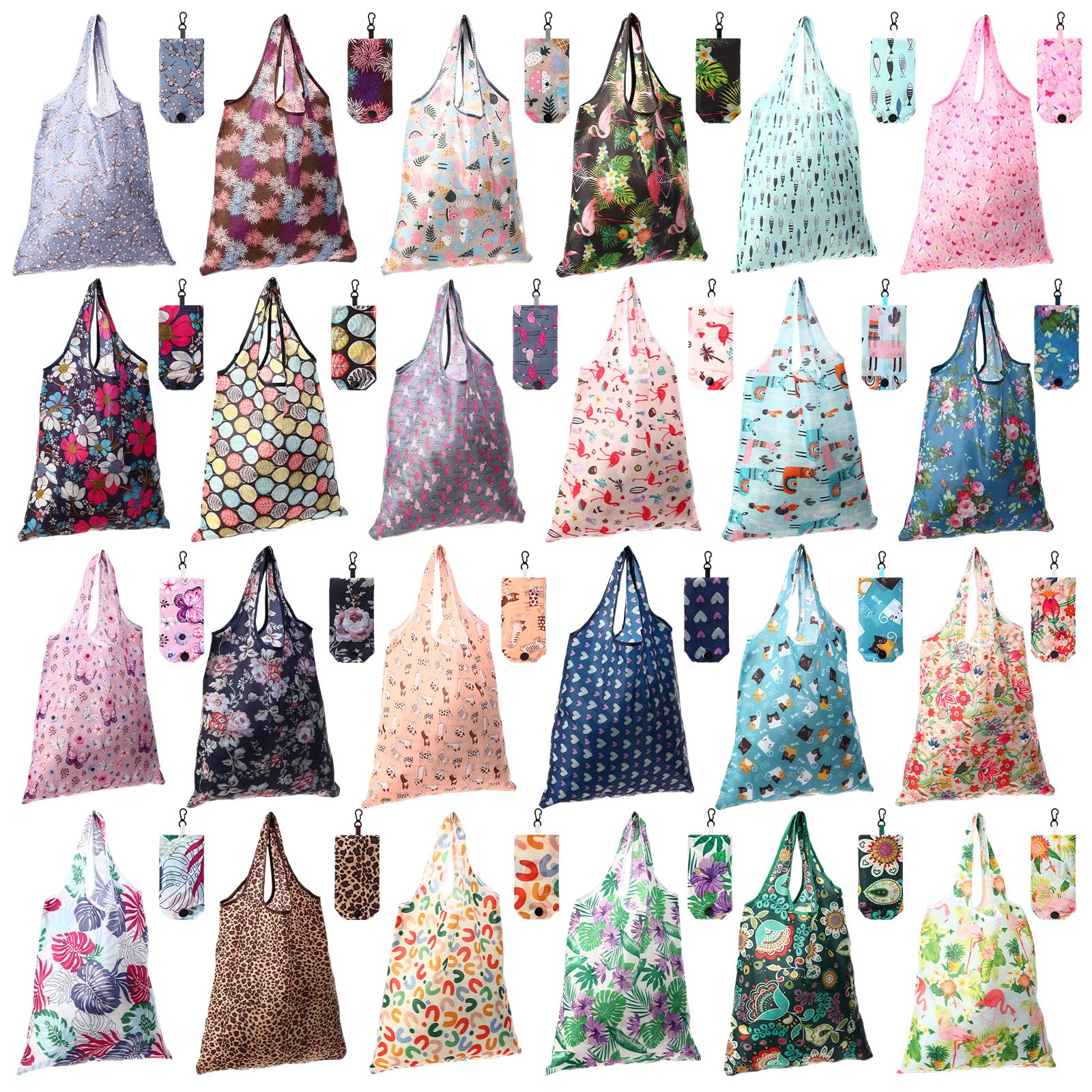 Paterr 24 Pcs Foldable Reusable Shopping Bag Recycle Travel Grocery Bag Fold to Pocket Tote Bulk for Daily Supplies Load