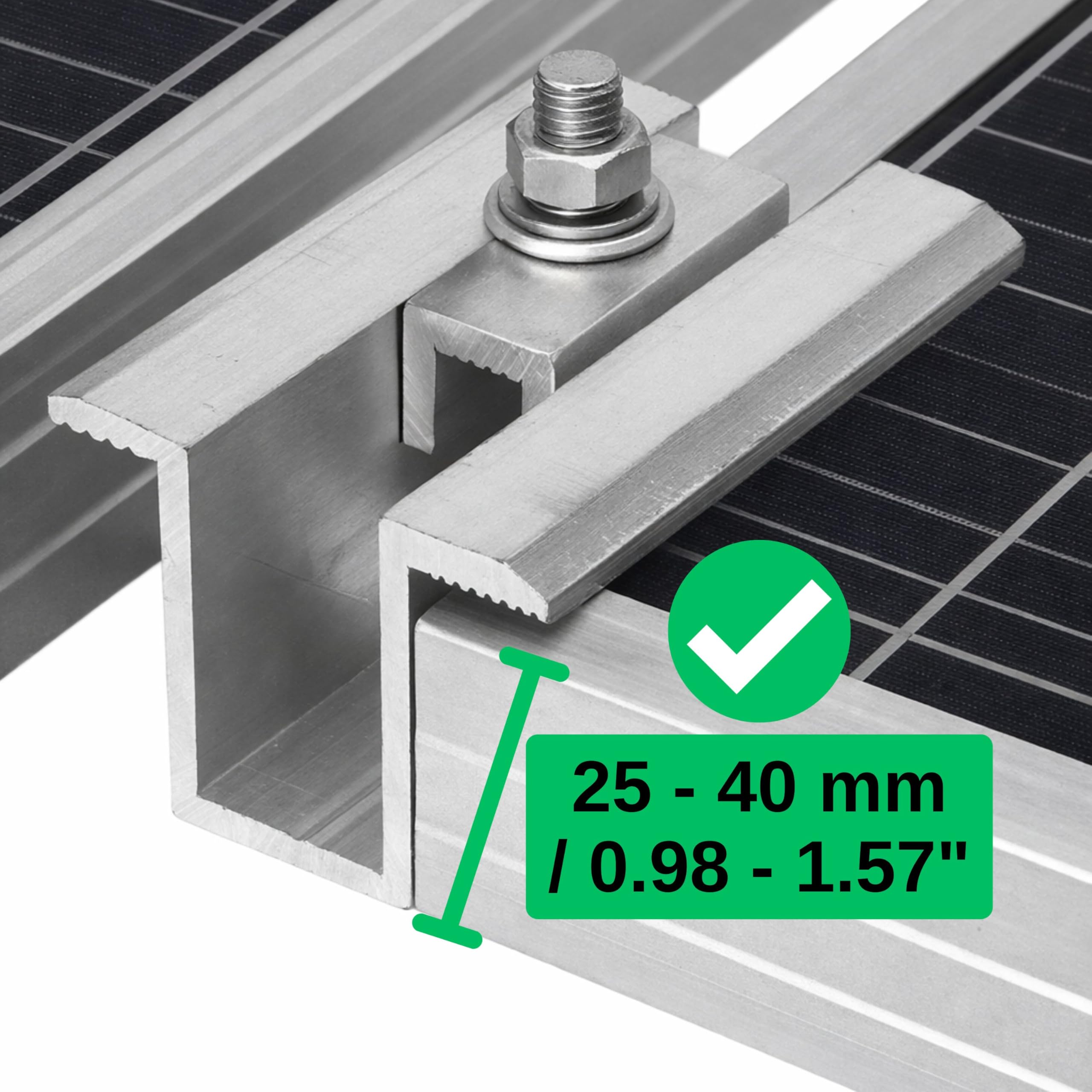 Zonnepaneel Middenklem – 6 Stuks, Aluminium, Voor 25-40 Mm Framehoogte & 20 Mm Afstand – Incl. Schroeven & Moeren