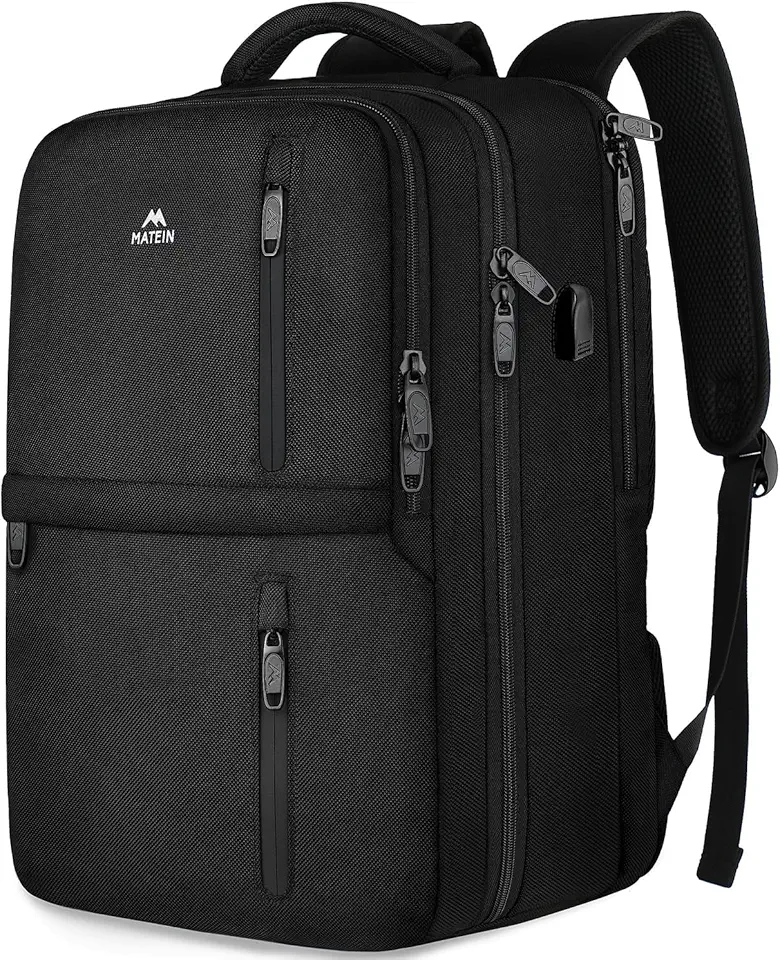 MATEIN Handgepäck Rucksack 55x40x20, Groß Reiserucksack Handgepäck Flugzeug Herren, 44L Laptop Rucksack 18.4 Zoll mit USB Ladeanschluss, Schuhfach, Wasserabweisend Damen für Lufthansa, Schwarz