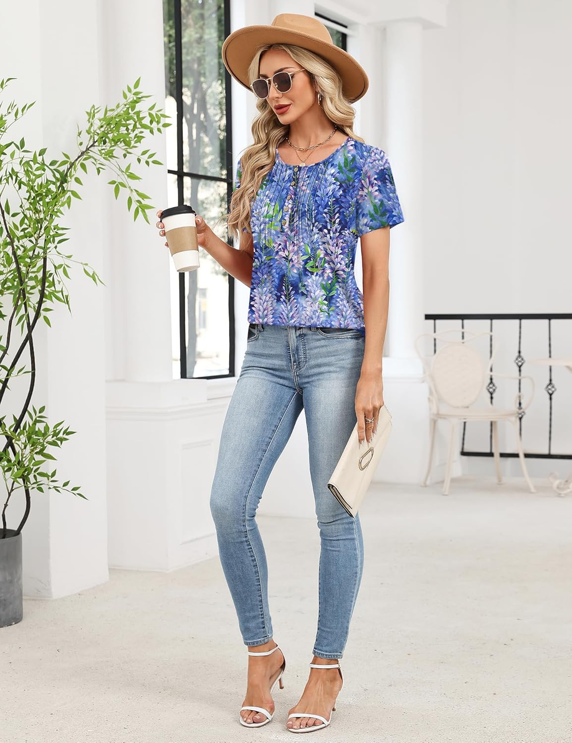 Rapbin Short Sleeve Shirts for Women Pleated Crewneck Cute Blouses Dressy Casual Elegant Tops Loose peasant Summer T-Shirts - Image 7