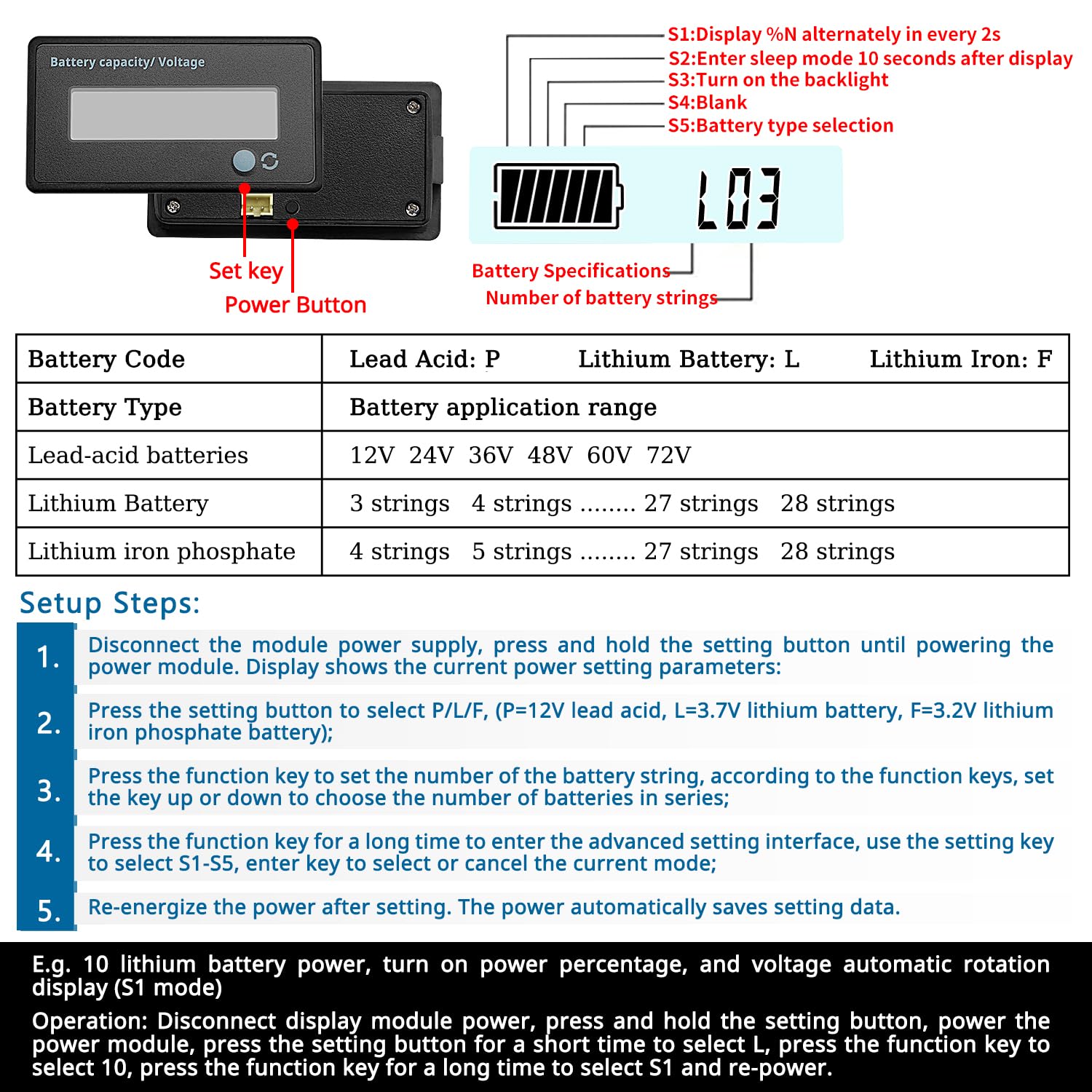 Tester Per Batteria 12-72V - Misuratore Capacità E Voltmetro LCD Per Batterie Al Piombo E Litio, Display Verde, Universale - Foto 10