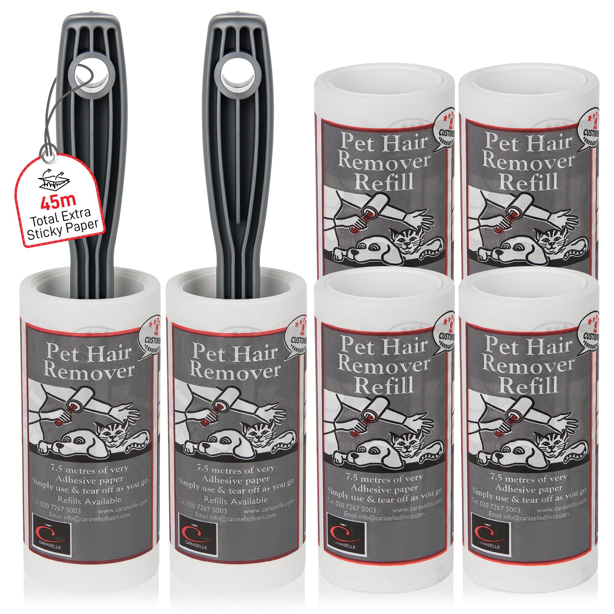 Caraselle Pet Hair Remover – 45m total (≈450 Sheets Equivalent) Extra Sticky Lint Roller for Dog & Cat Hair on Clothes, Sofa & Furniture – Continuous No-Perforation Paper Stays Extra Sticky To The End