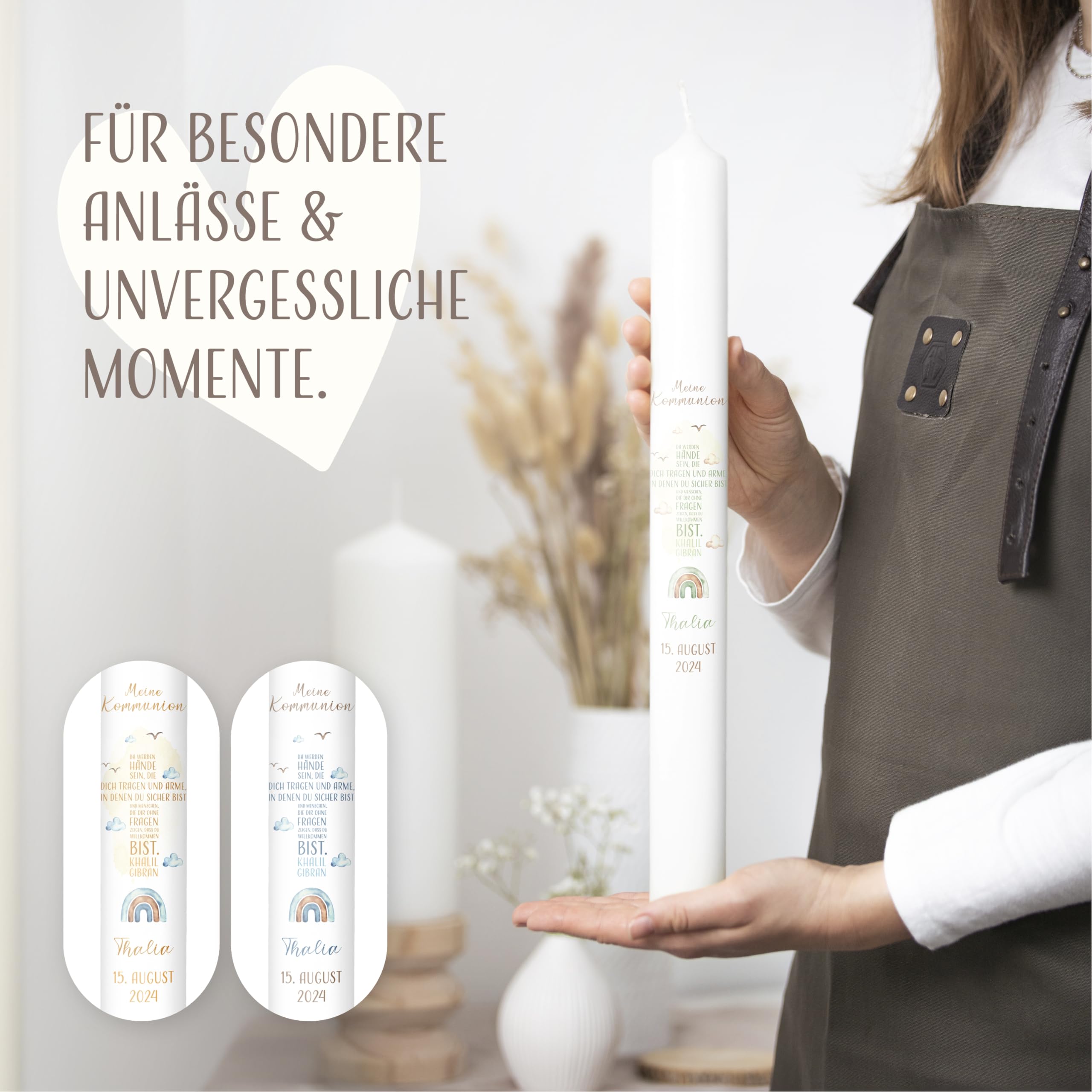 AMARI ® Kommunionkerze personalisiert Kreuz Schrift H:40cm/⌀:4cm - Personalisierte Kommunionkerze für Jungen & Mädchen – Kerze zur Kommunion selbst gestalten