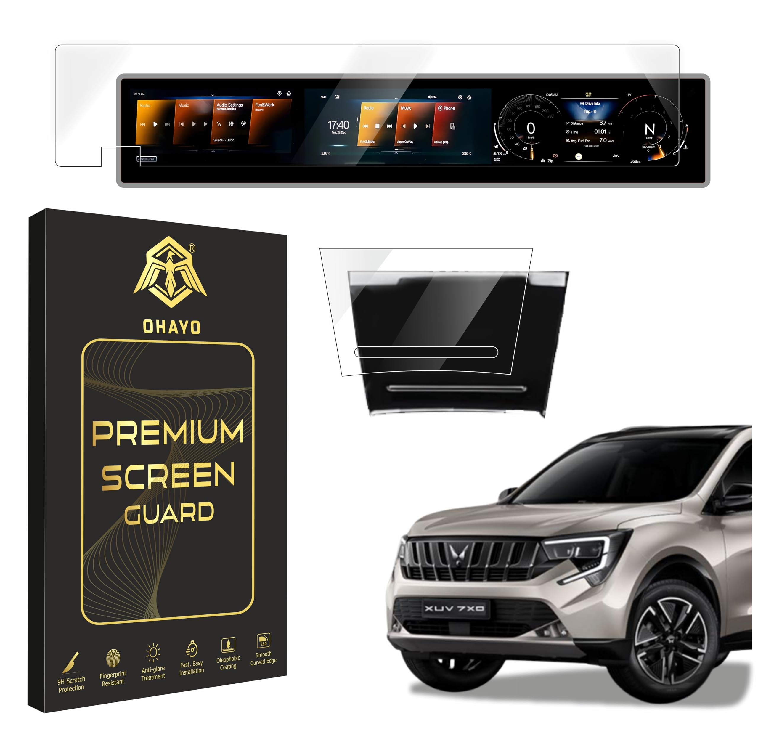 ohayo 2 pack screen protector compatible with mahindra xuv 7xo 2026+ 12.3 inch triple screen long with adrenox+ badge cutout & tpu storage panel protective film | 9h hardness military strength scratch resistant hd clear bubble free | not tempered & non-glass flexible film