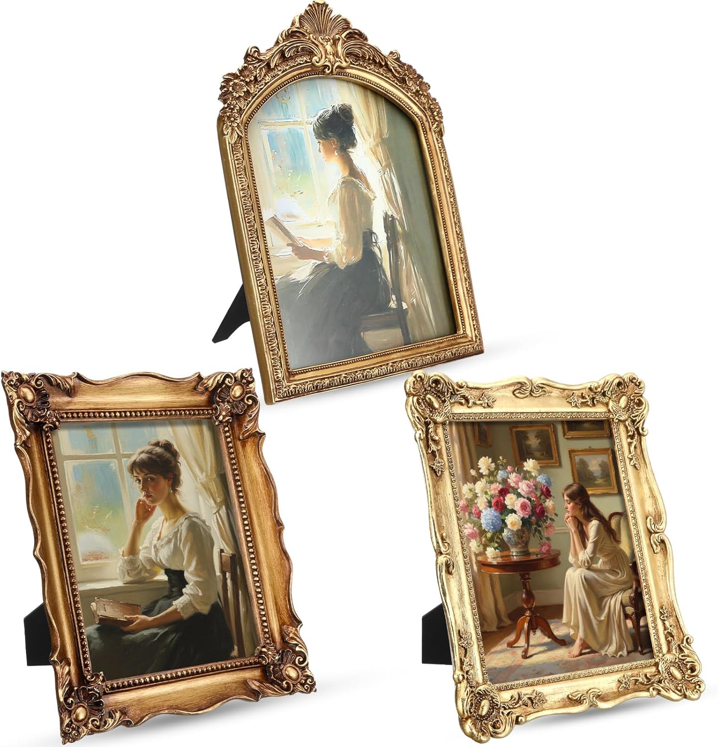 3 Pack Vintage Picture Frames, 8x10 Inch Gold Bronze Elegant Antique Photo Frames with Glass Front for Tabletop and Wall Mount Retro Home Decor Gallery Wall Art