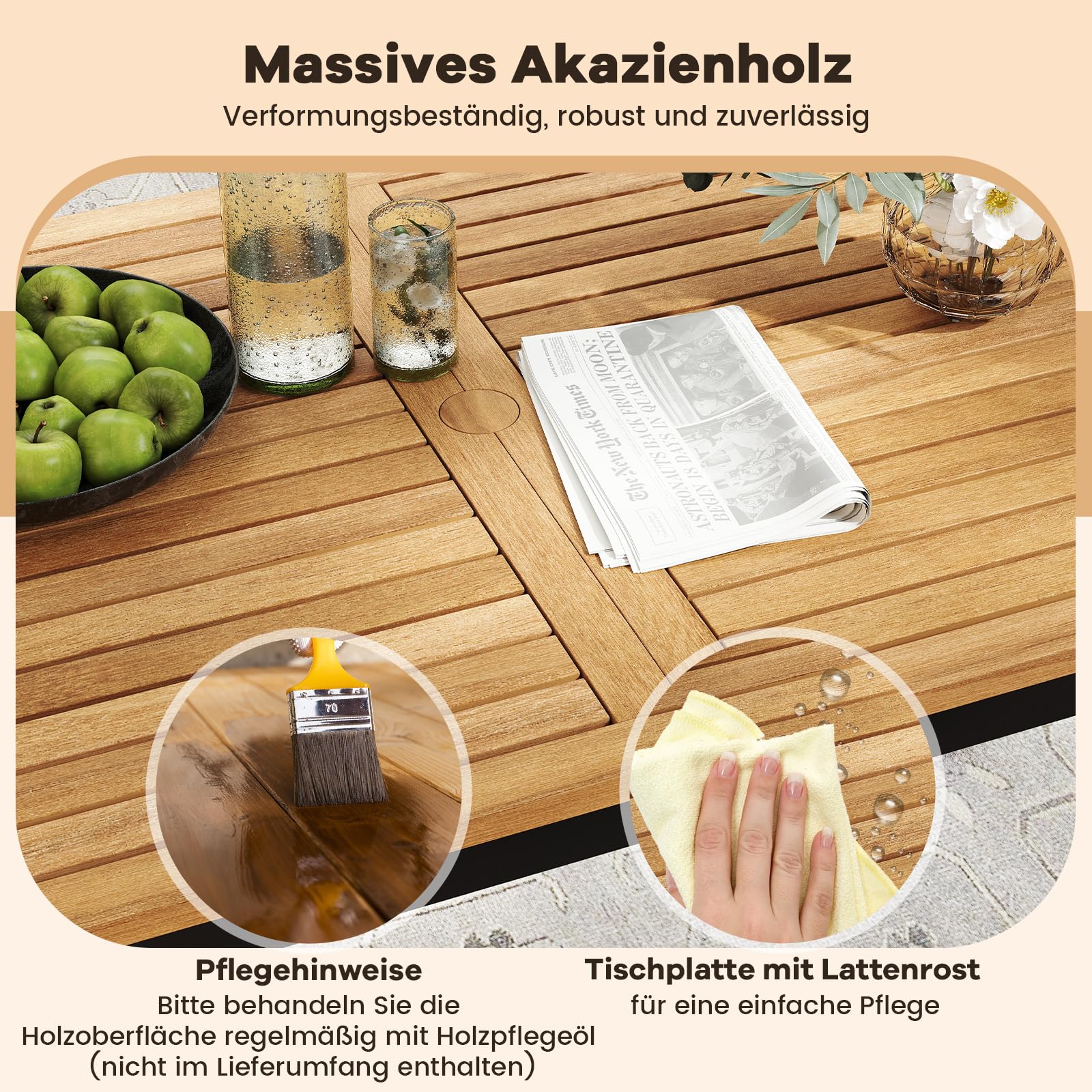 COSTWAY Gartenmöbel Set, Terrassenmöbel inkl. Gartentisch mit Schirmloch, Sitzbank & 2 stapelbare Gartenstühle mit Kissen, Sitzgruppe für 4 Personen, Gartengarnitur, Sitzgarnitur, Outdoor Essgruppe