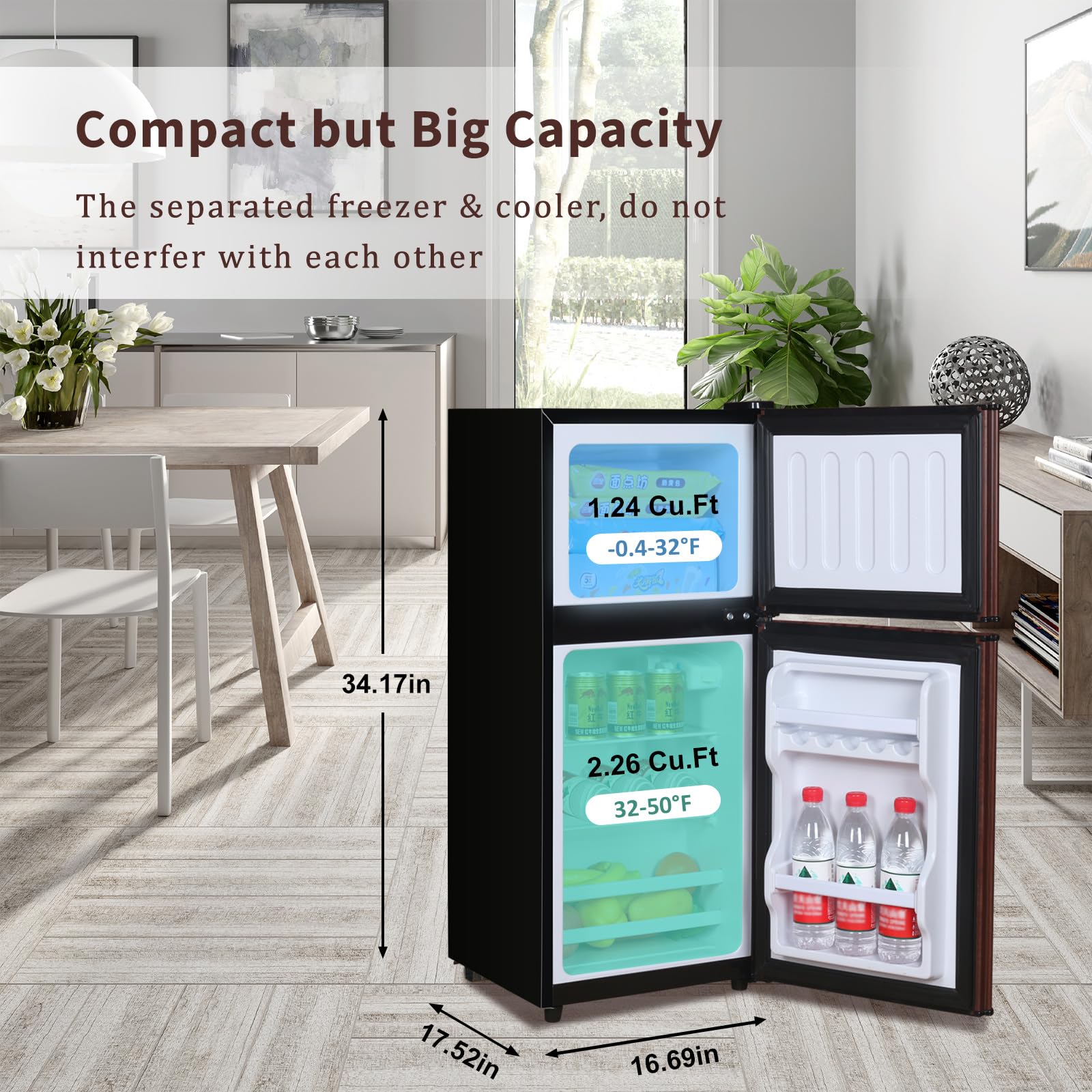 Axutl Refrigerator With Freezer Retro Mini Fridge Bedroom Dorm Wood Color 3.5 Cu.Ft Compact Small For RV Apartment 2-Door Design on Fridge.com - View 3