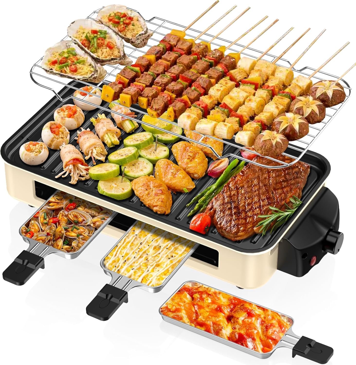 Electric Indoor Grill 1500W 2 in 1 Smokeless Korean BBQ with Non Stick Removable & Adjustable Temperature Control 3 Raclette Cheese Pans Dishwasher Safe for Home Kitchen-image-49