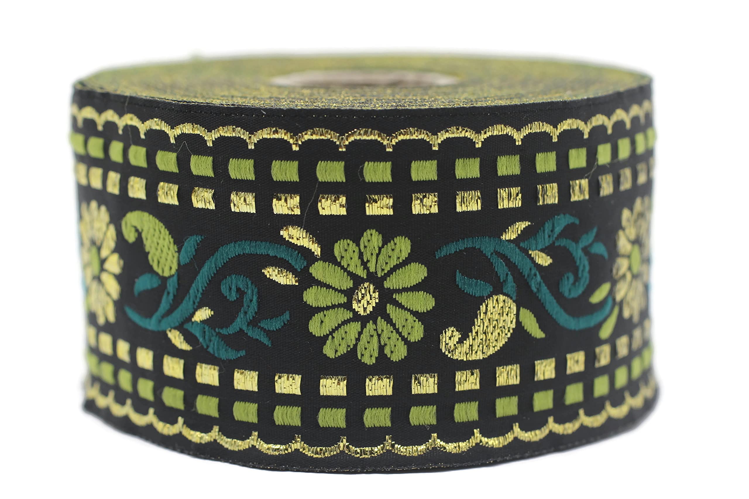 Ruban jacquard floral vert et noir 50mm de 10 mètres pour mercerie et loisirs créatifs