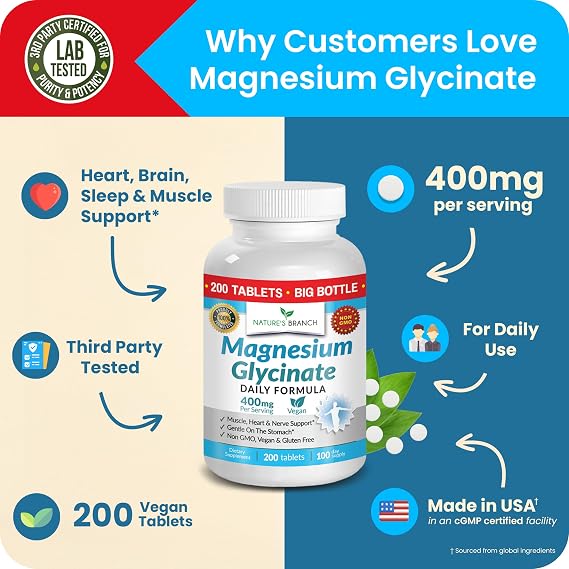 Magnesium Glycinate 400mg | 200 Tablets High Absorption for Sleep & Heart