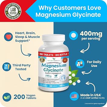 Magnesium Glycinate 400mg | 200 Tablets High Absorption for Sleep & Heart