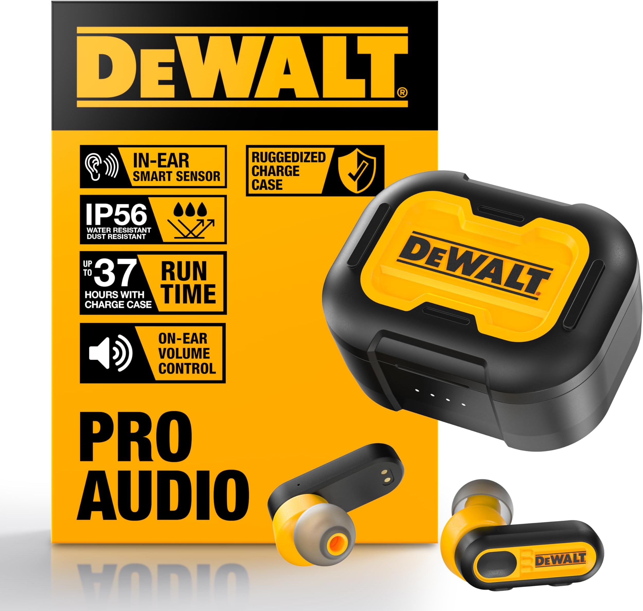 Heavy Duty True Wireless Ear Buds, Bluetooth Headphones with Type C Charging Case Included, Over 37 Hours of Battery Life, Easy Setup for iPhone, Perfect for Jobsite, Outdoor Work, Yellow