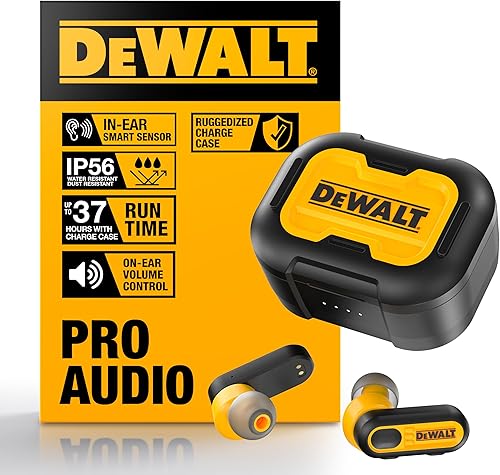DEWALT Audífonos inalámbricos de alta resistencia, auriculares Bluetooth con funda de carga tipo C incluida, más de 37 horas de duración de la