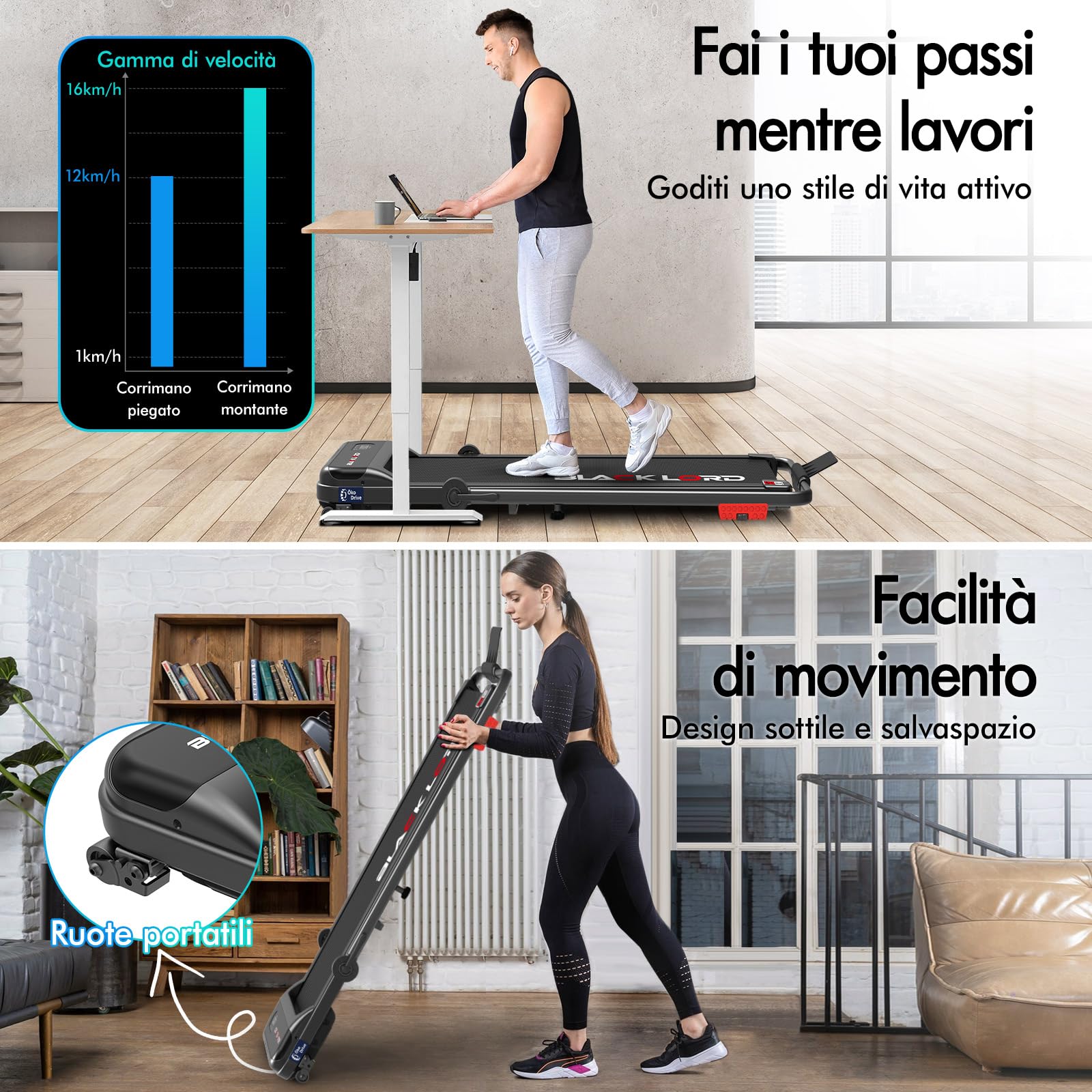 BLACK LORD Tapis roulant, Walking pad 9/12/16 km/h, Tappetino da corsa con/senza inclinazione del 9%, Sotto la scrivania, Portatile, Silenzioso, Display LED, App, Capacità di carico 120/130/140 kg