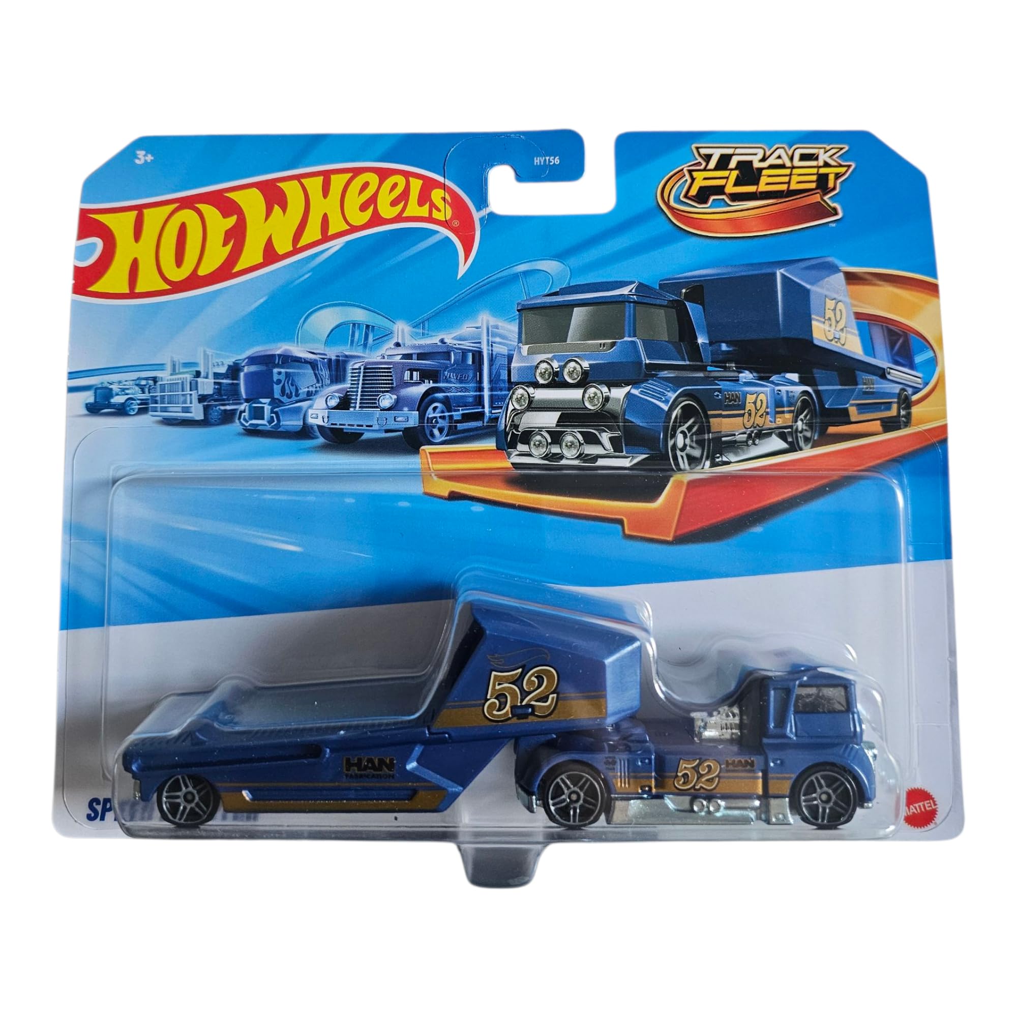Hot Wheels Track Fleet Speed Blaster, Blue Racing Truck with Trailer, Die-Cast Vehicle Set, Number 52, 1:64 Scale