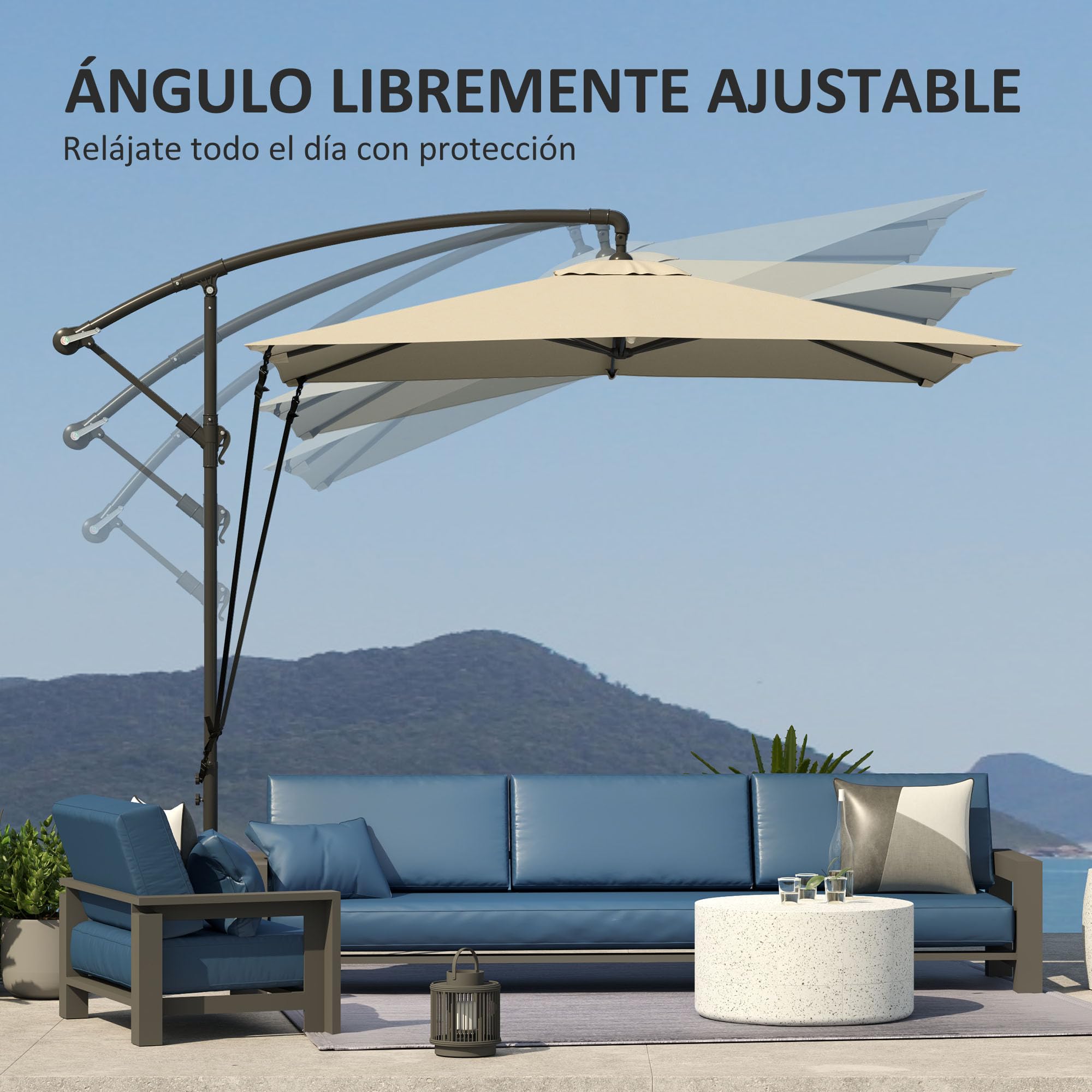 Outsunny Parasol Excéntrico 247x247 cm Base Cruzada Anti-UV 50+ Caqui | Sombrilla de Jardín, Toldo Giratorio 360°, Manivela, Funda Protectora, Cuerda de Viento, para Terraza Patio