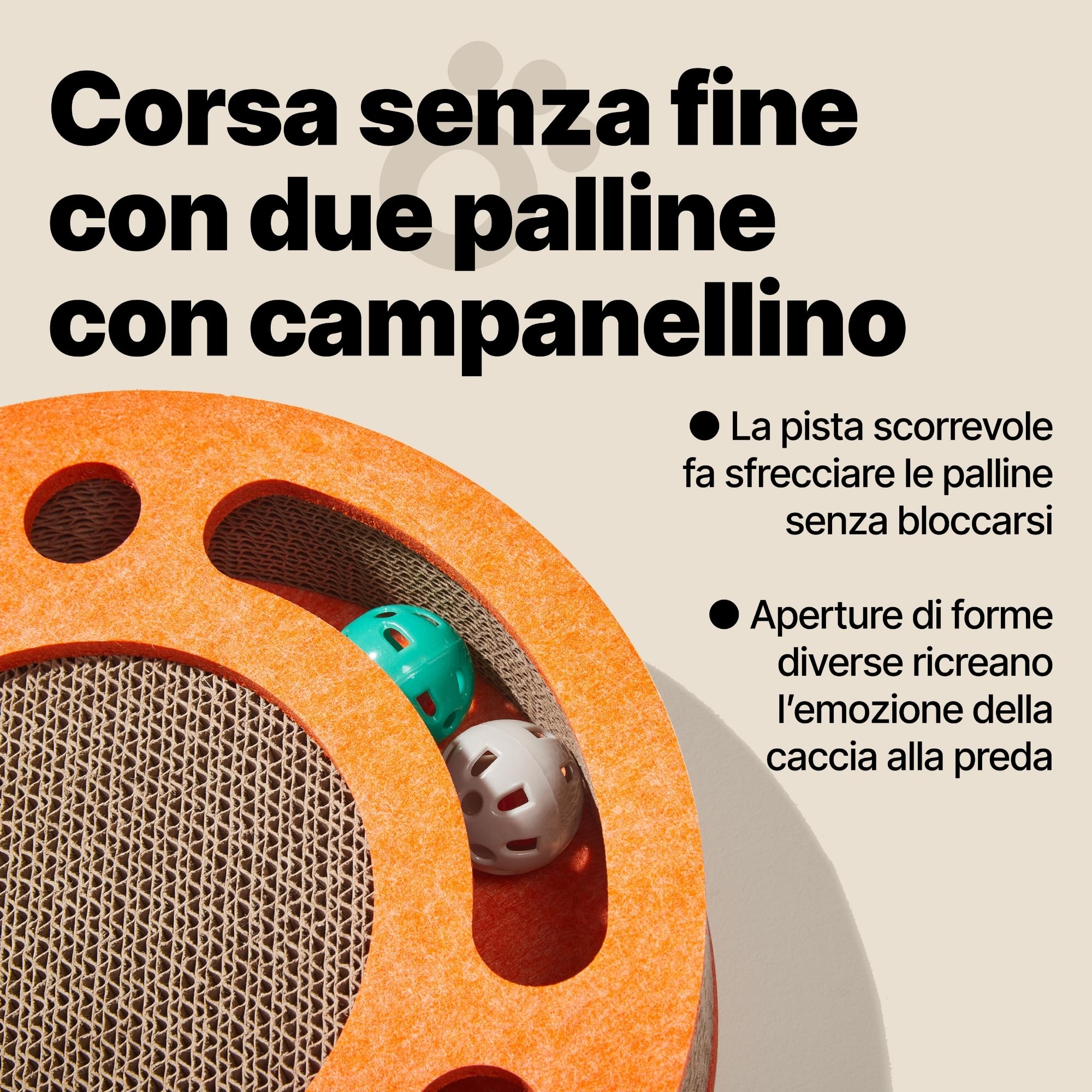 Tiragraffi per gatti con pista a sfere con campanellino – Gioco interattivo per gatti, tappetino tiragraffi in cartone ondulato con erba gatta, tavola tiragraffi, accessori per gatto (Arancione)