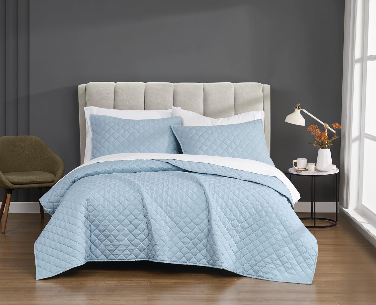 CANNON Solid Percale Light Blue King 3 Piece Quilt Set