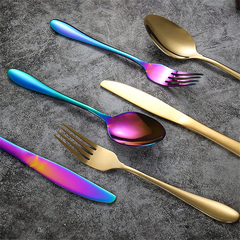 Ensemble De Couverts en Acier Inoxydable Forgé 24Pcs, Conception Classique Et Simple, en Argent d'argent en Acier Inoxydable pour La Maison/Bureau/Fête,Blue Gold
