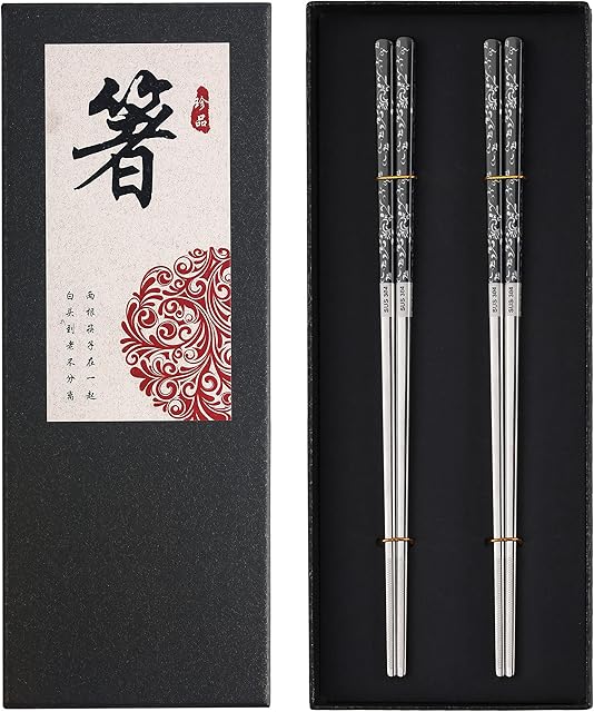 Metal Chopsticks Reusable Titanium Plated 18/8 Stainless Steel Chopsticks Dishwasher Safe Premium Non-Slip Laser Engraved Chop Sticks Korean Japanese Chinese Chopsticks 2 Pairs Gift Set Black Silver
