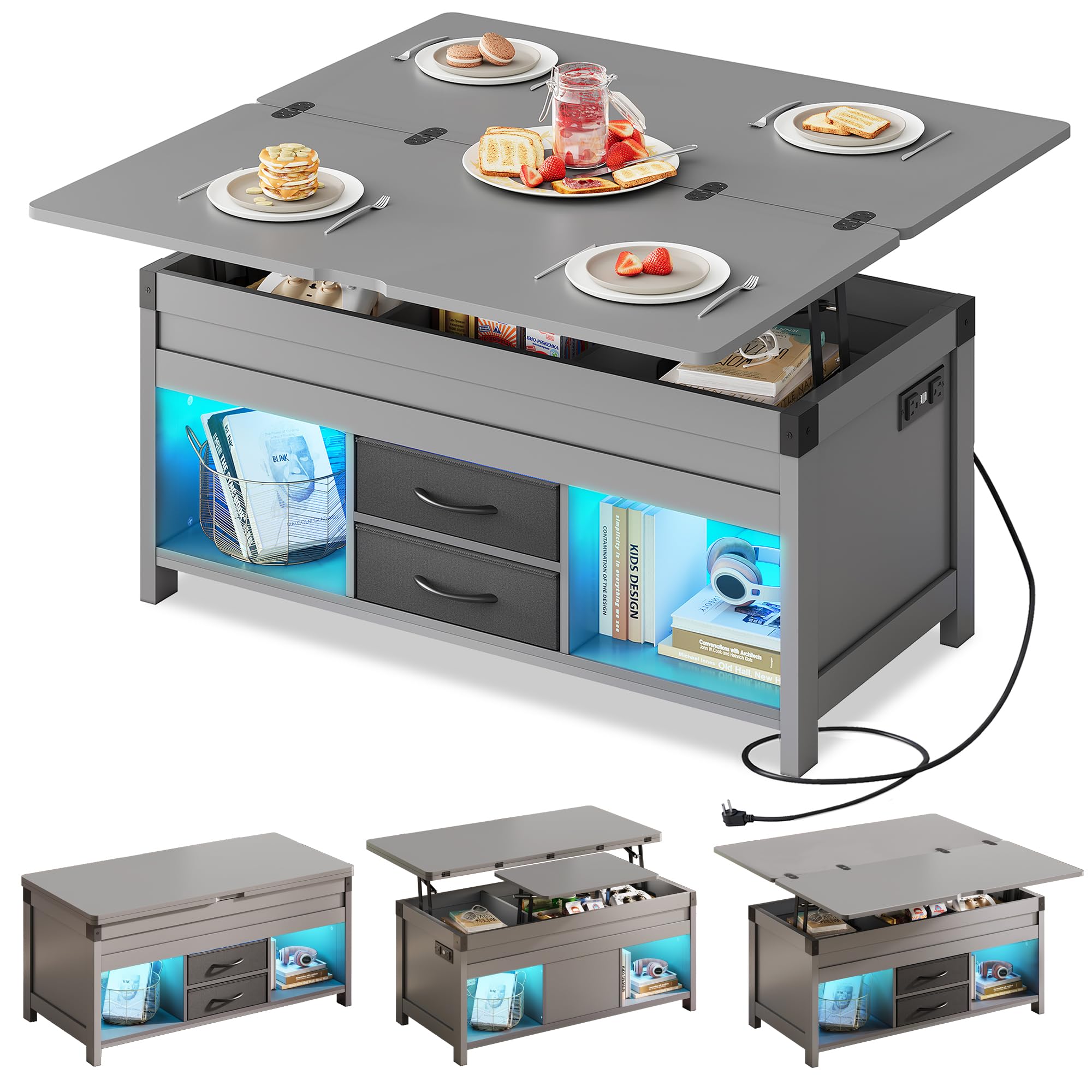 WLIVE 40" Lift Top Coffee Table, 4 in 1 Coffee Tables with Storage, 2 Fabric Drawers, LED Light and USB, Modern Coffee Table with Hidden Compartment for Living Room, Dining Room, Grey