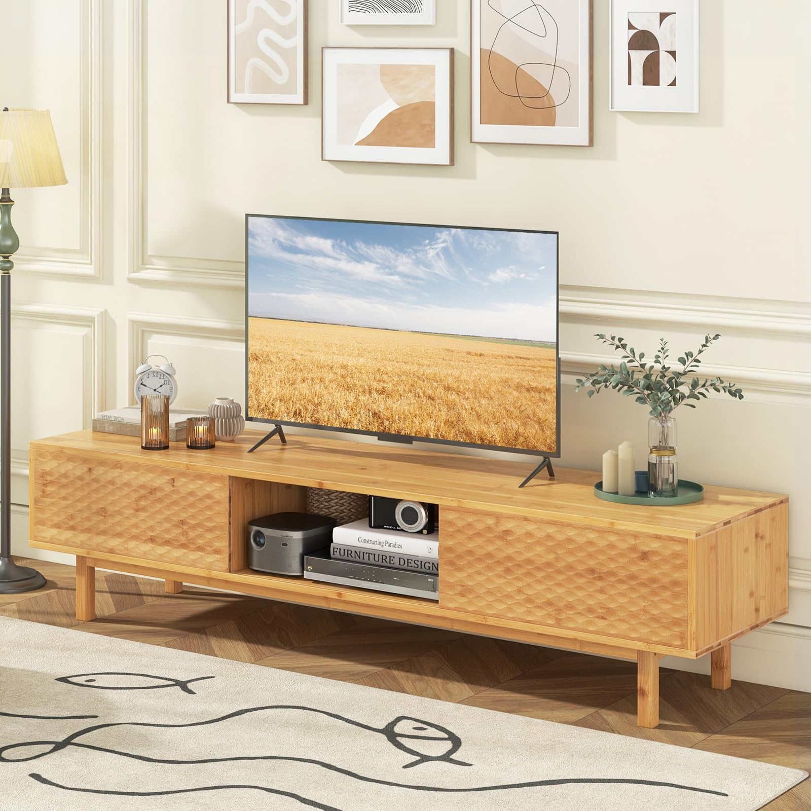 Amazon.com: Tangkula Bamboo TV Stand for 65” 70” TVs, 63” Mid