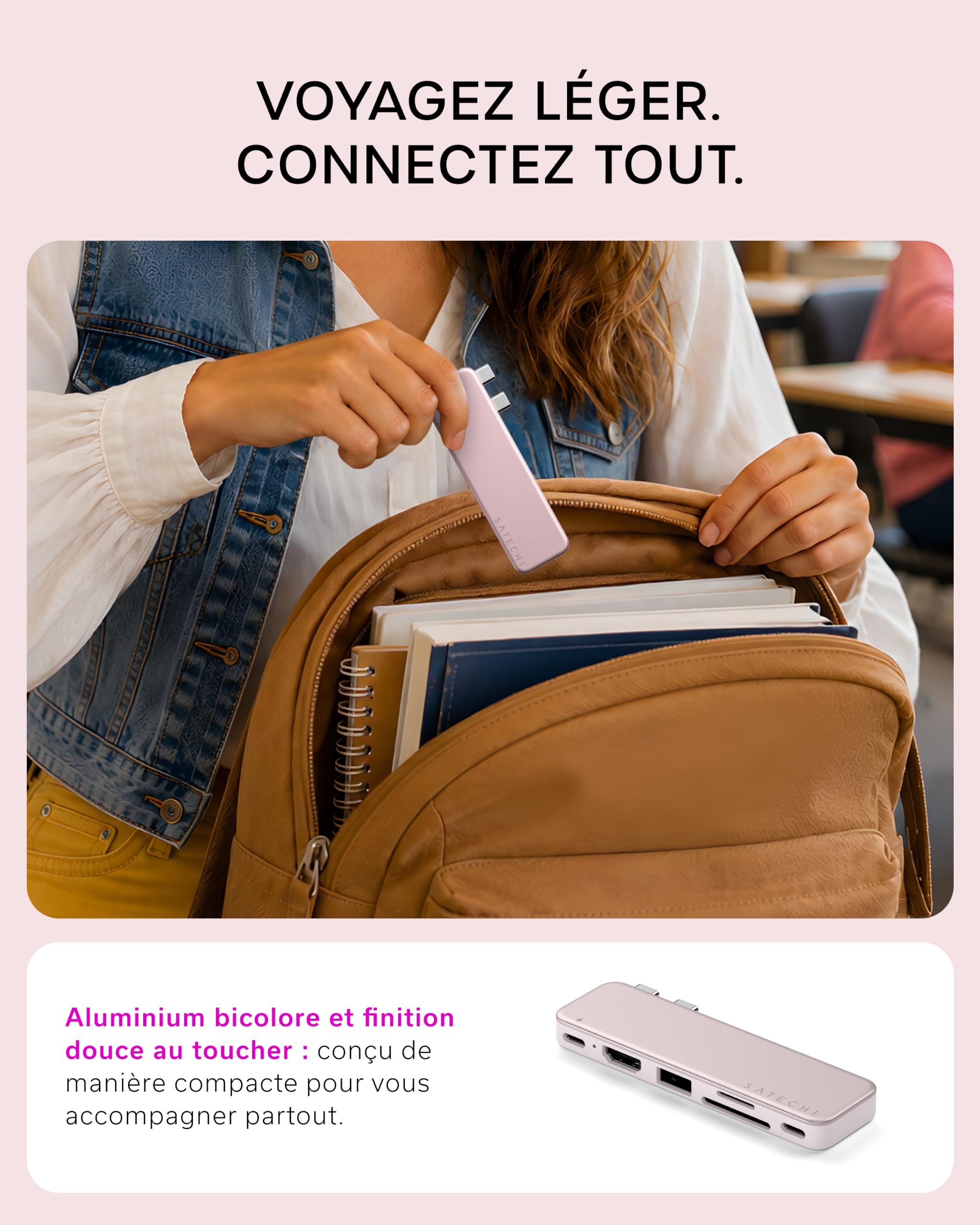 SATECHI Snap Hub USB C 6 en 2 pour MacBook Neo, Charge 45W, Rose Poudré | Conçu pour MacBook Neo avec double connecteur intégré, 4K@60Hz, lecteurs SD/microSD, USB-A et USB-C 5Gbps