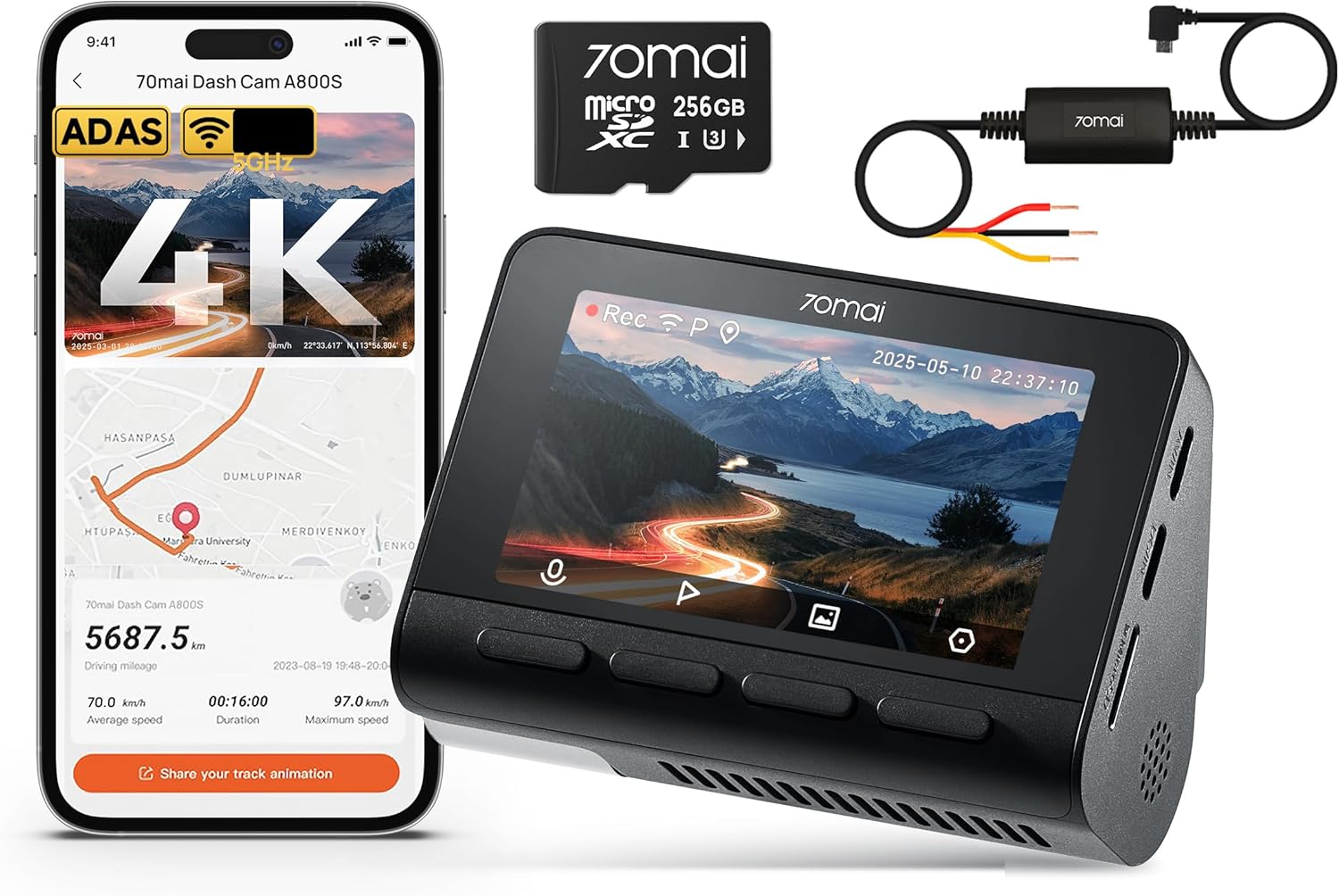 【A800S Dash Cam+UP02 Hardwire Kit+256GB SD Card】 4K Dash Cam with ADAS Built GPS & 5GHz WiFi 24H Parking Mode Time-Lapse Recording Super Night Vision