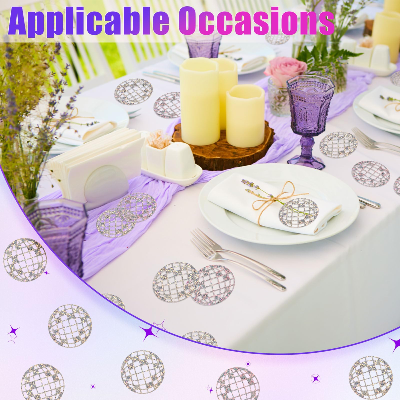 100 Coriandoli Discoteca + 1 Bandiera Disco - Decorazioni Per Feste Retrò, Carta Colorata 3-4 Cm, Bandiera Argento 15 Cm - 2