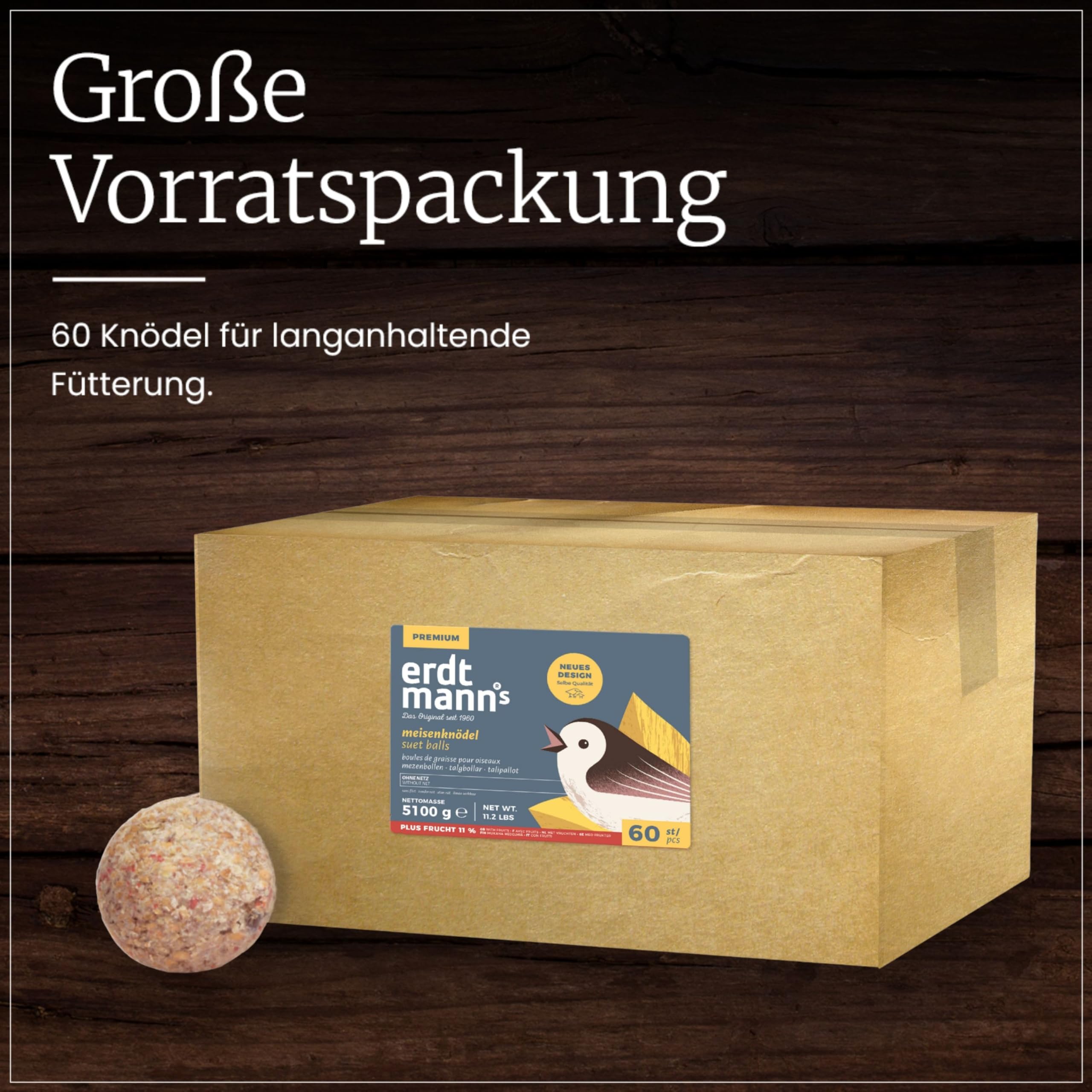 ERDTMANNS - 60 Meisenknödel Plus Frucht ohne Netz für Wildvögel I Premium Sortiment I Hoher Fruchtanteil I Wertvolle Zutaten I Umweltfreundlich I Große Menge