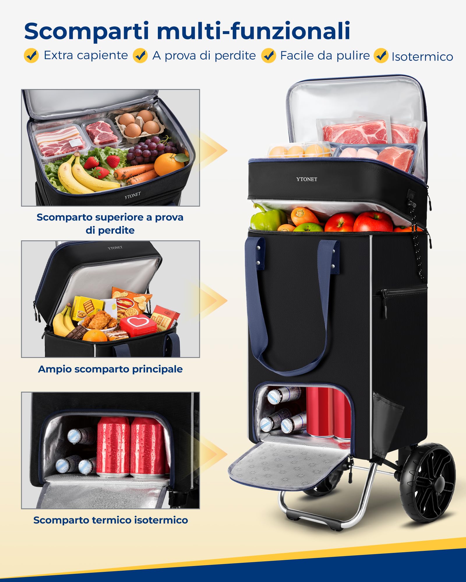 Ytonet Carrello Spesa con Ruote 55L Grande Capacità, 2 in 1, Portata 68kg, Carrello Pieghevole con Ruote Grandi, Borsa Termica e Interno Impermeabile, Ideale per Spesa e Campeggio, Nero | 55L Grande Capacità, 2 in 1, Portata 68KG, con Borsa Termica e Inte