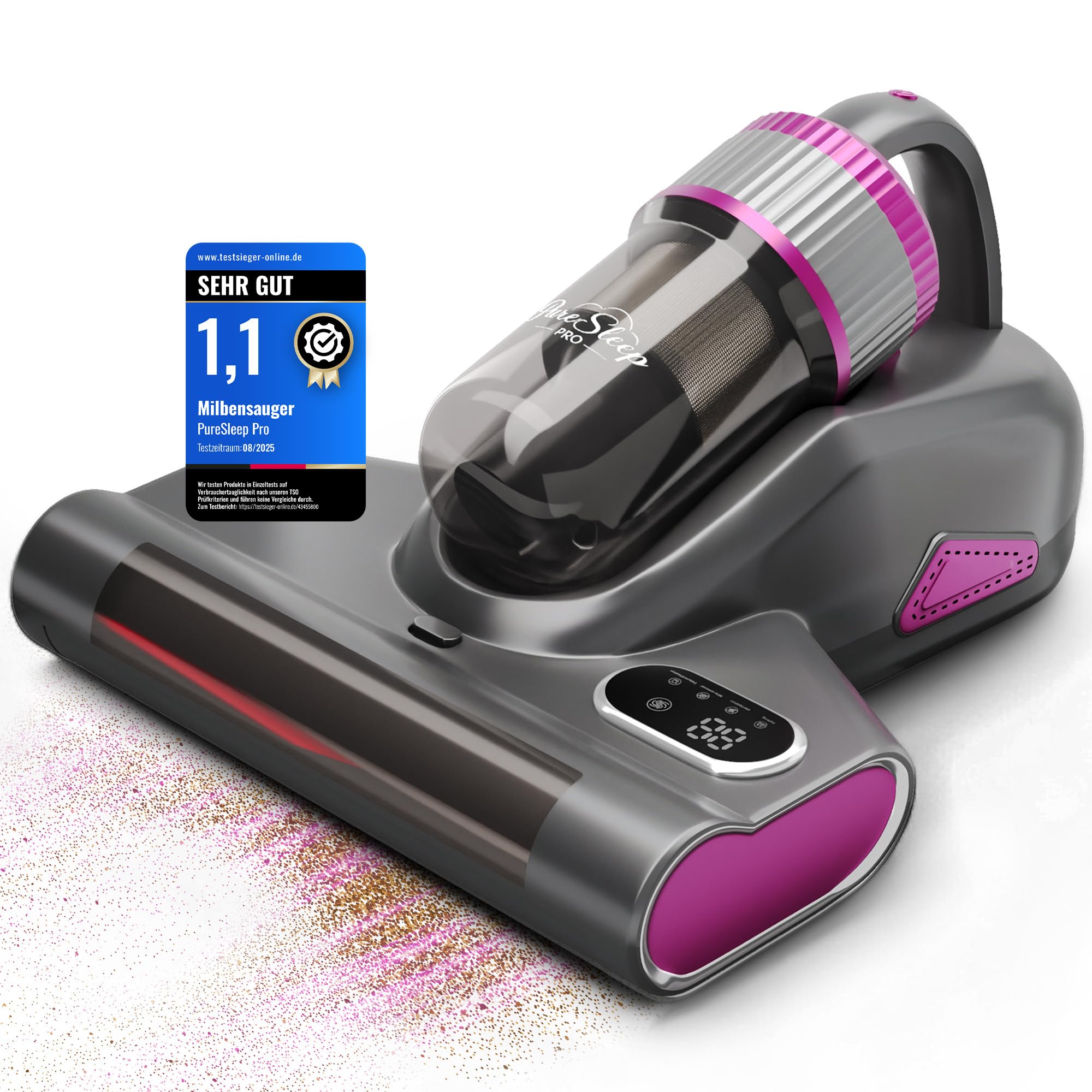 Milbensauger für Matratzen 3-in-1, UV-Licht, 10.000 Pa Saugkraft, XL-Akku 3500 mAh extra lange Laufzeit, Warmluft, Kabellos, HEPA Filter, 99,9 % Milbenentfernung für Bett, Sofa & Allergiker, GrauXL