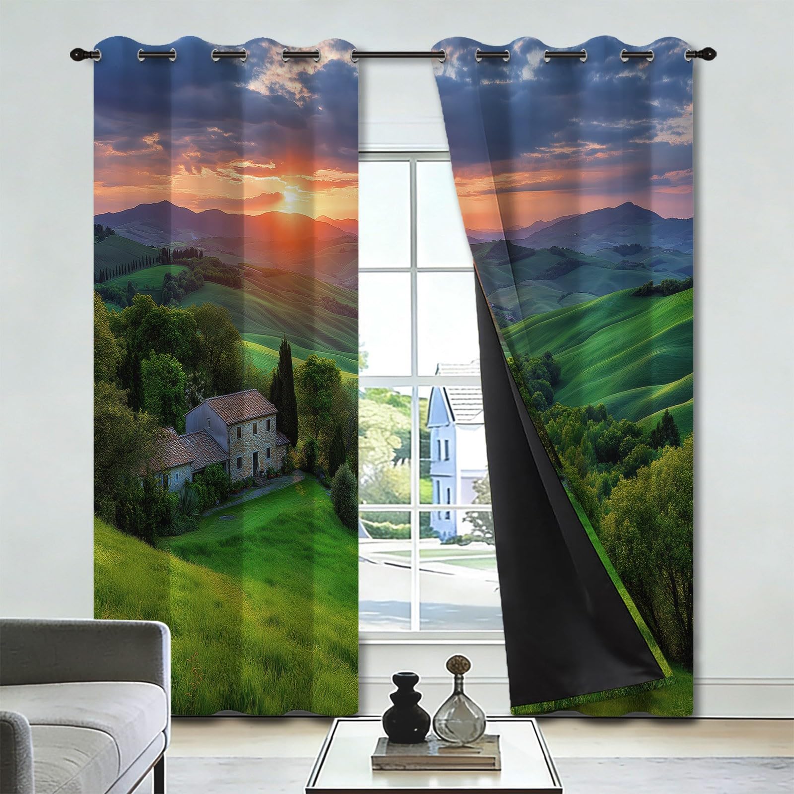 Zasłony zaciemniające Fotografia wiejska 117 l x 230 cm, łąka wiejska z motywem wiejskiego słońca, dekoracja okienna salonu i sypialni, izolacja termiczna, 2 panele