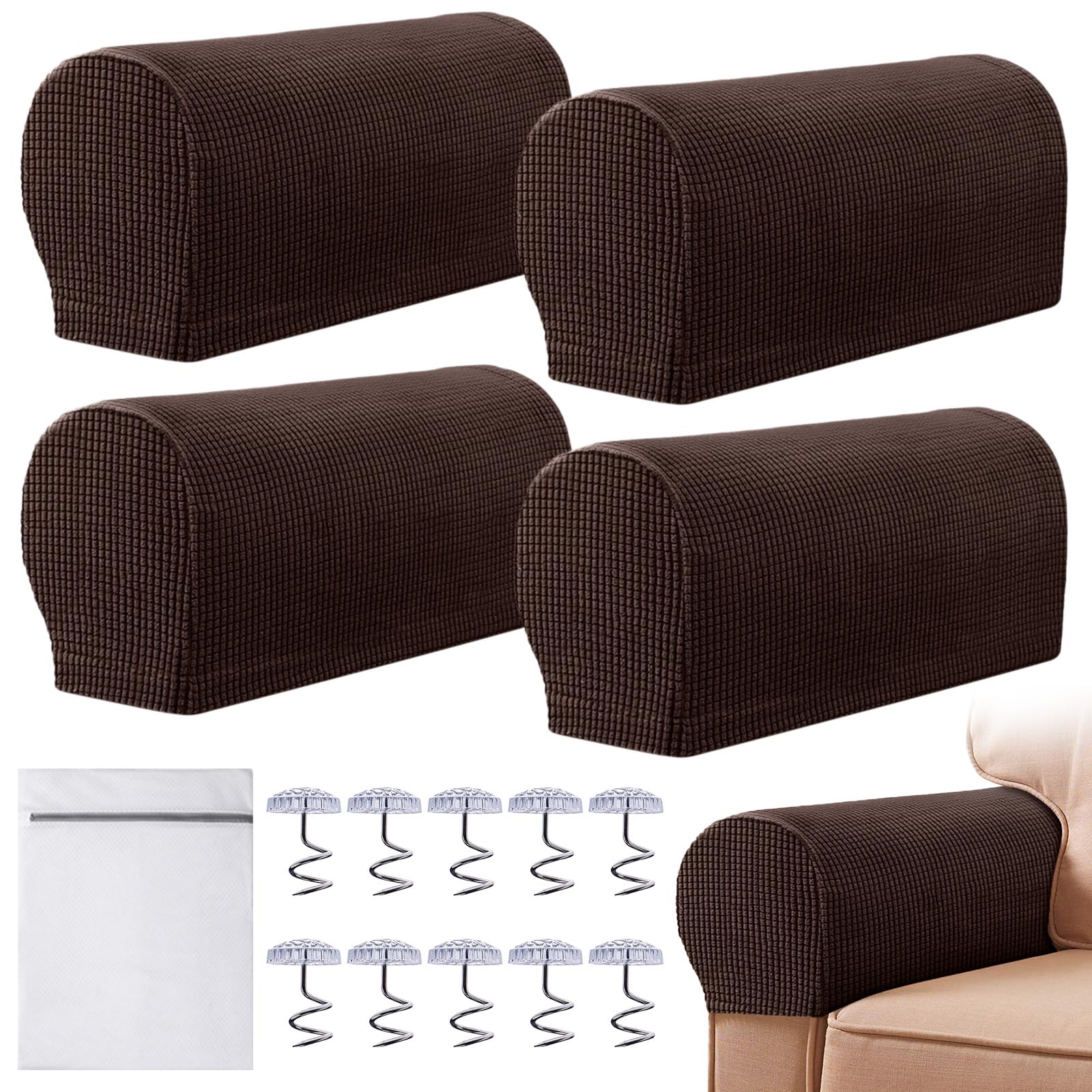 Armrest Chair Covers, Set of 4 Stretch Armchair Covers for Arms Anti-Slip Furniture Protector with Laundry Bag, Machine Washable Arm Chair Sleeves, Armrest Cover for Sofa Couch Recliner(Deep Coffee)