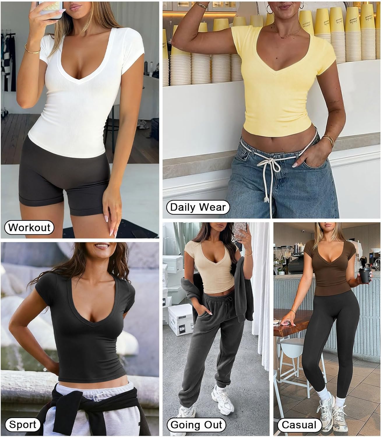 Womens Deep V Neck T Shirts for Women Ribbed Knit Slim Short Cap Sleeve Tee Casual Backless Workout Going Out Tops - Image 6