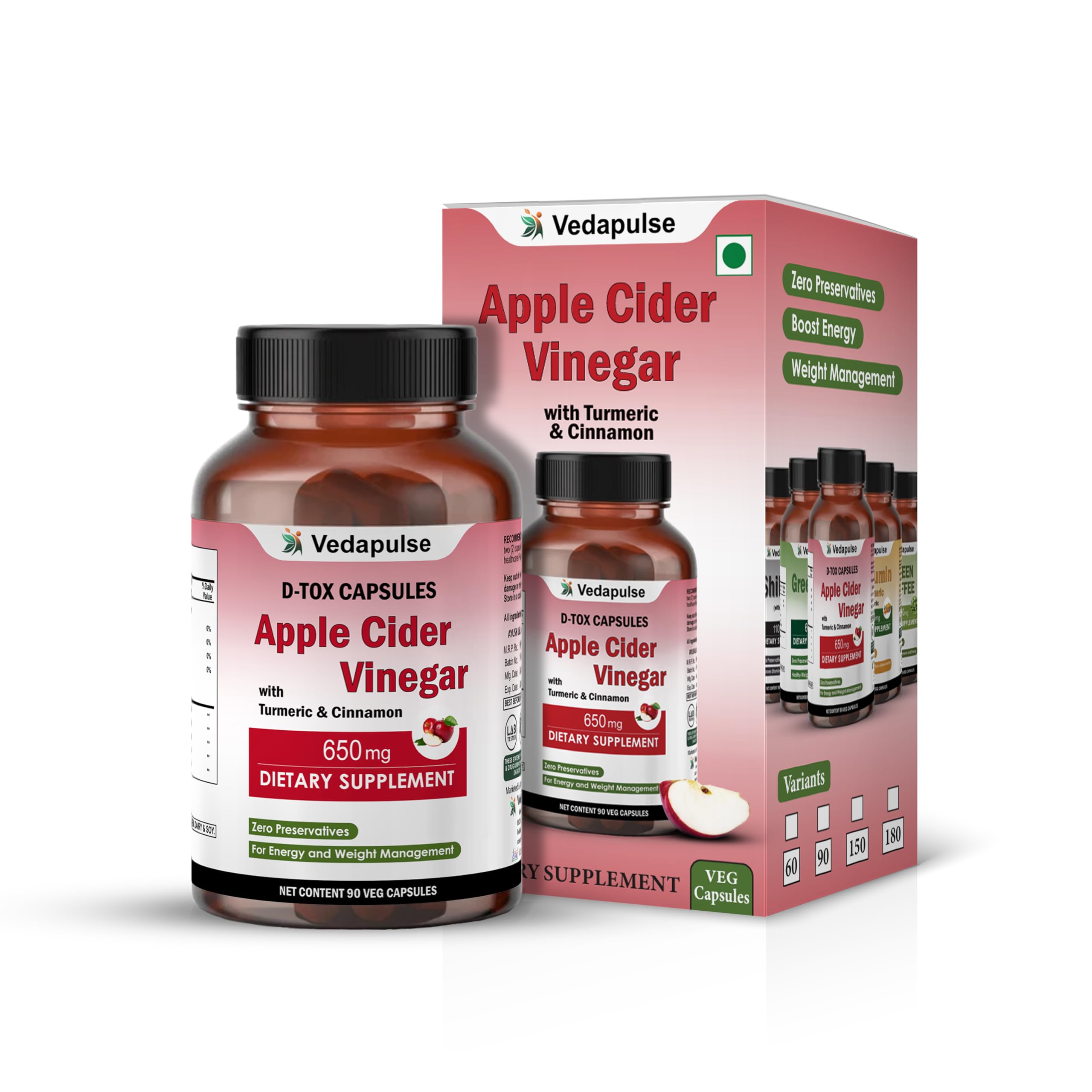 Vedapulse Apple Cider Vinegar with Turmeric & Cinnamon – 90 Vegicaps, No Artificial Additives for Your Daily Health Regimen